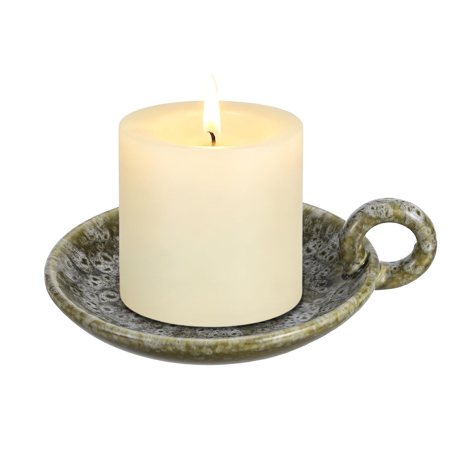 PATIKIL Ceramic Candle Holders Plate, Green Vintage Candle Plate Round Tray with Handle Incense Holder for Burning Dining Room Home Decor Party Wedding Birthday Anniversary