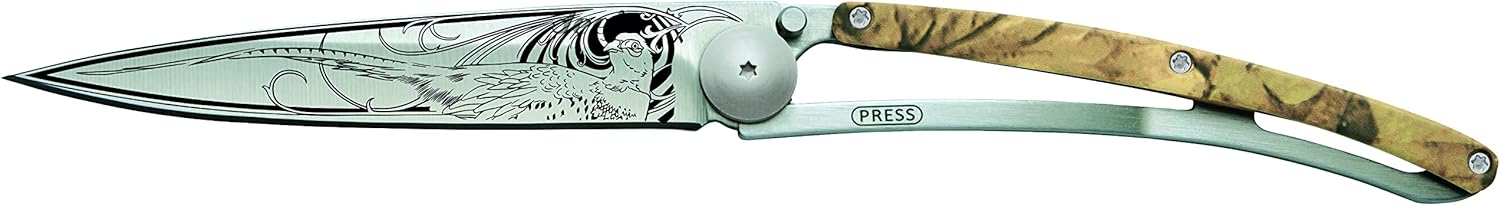 deejo Ultra Lightweight Folding Pocket Knife with Belt Clip - Brown Camo Version 1.3 oz - Fine, Sharp Blade - Pheasant Pattern - Stainless Steel - Elegant and Modern Design