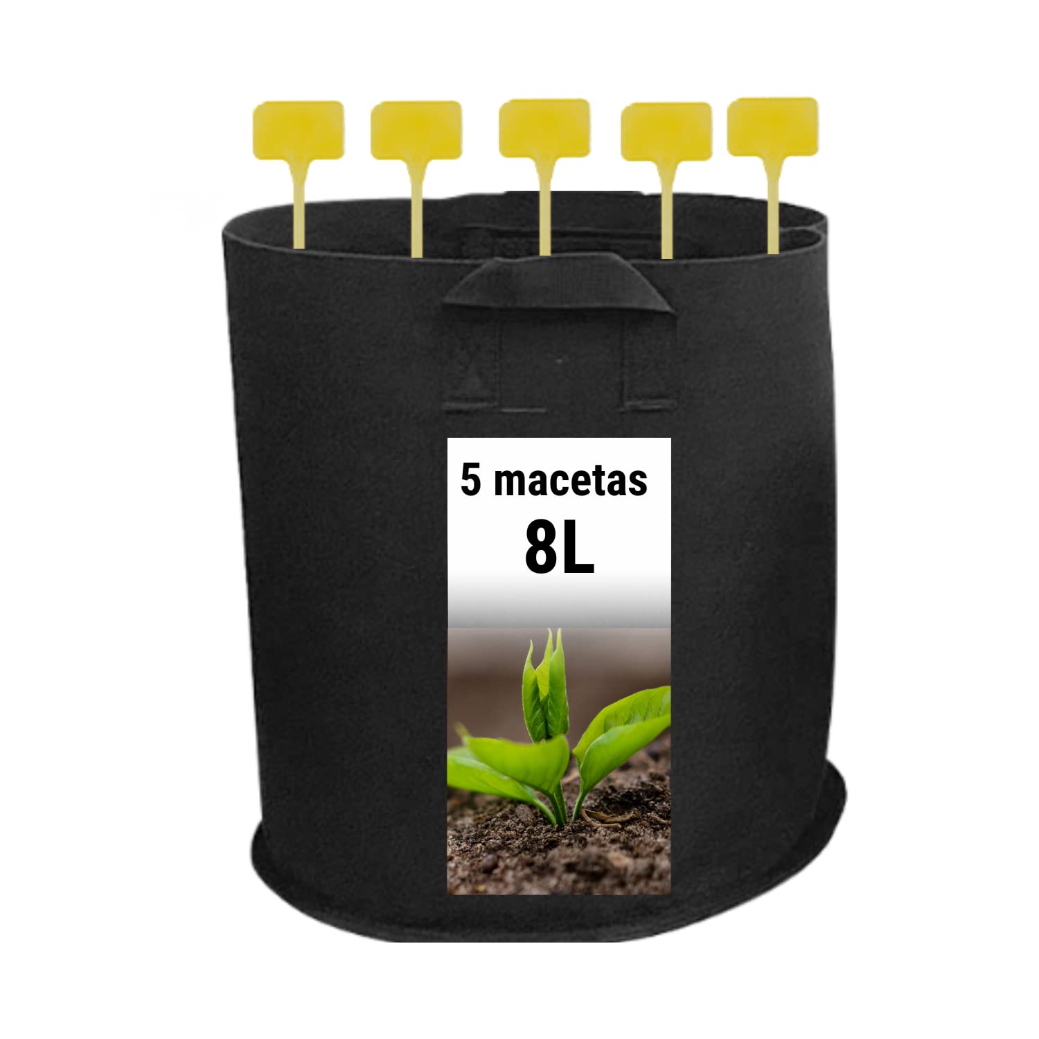 GROWMANIA Lot de 5 sacs de culture en tissu noir avec poignées de 8 litres de capacité pour plantes et fleurs rondes + étiquette cadeau
