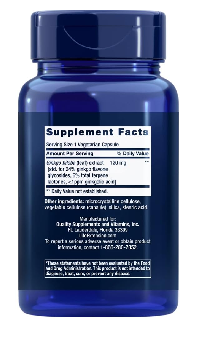Life Extension - Ginkgo Biloba Extrakt | Zertifizierter Ginkgo Biloba-Extrakt, 120 mg für kognitive Unterstützung - 365 Kapseln