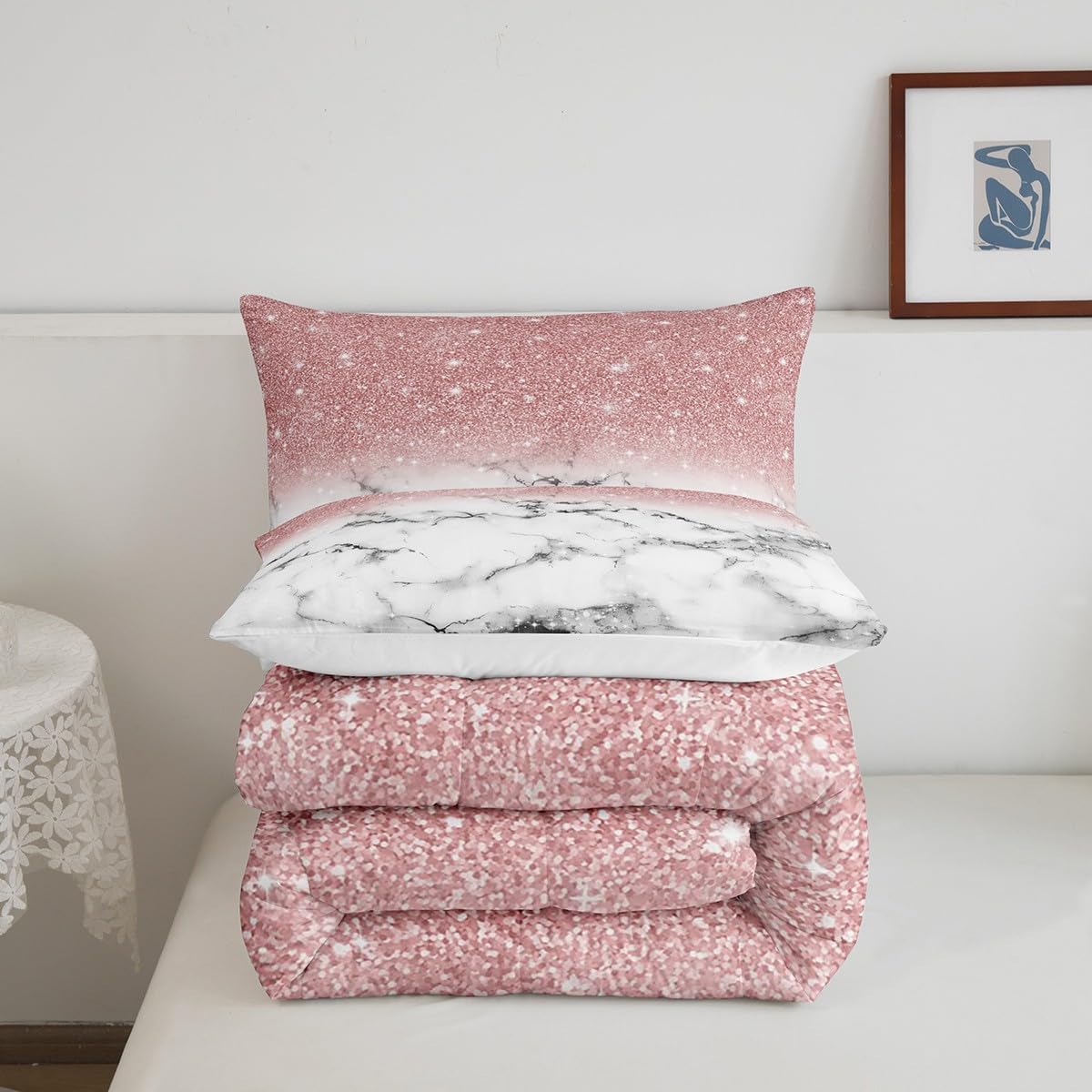 Feelyou Girls Marble Comforter Full Size Gradient Glitter Kids Down Comforter Set for Boys Girls Women Girly Pink Grey White Marble Ombre Bedding Set Modern Marble Aesthetic Quilt Decor Boys