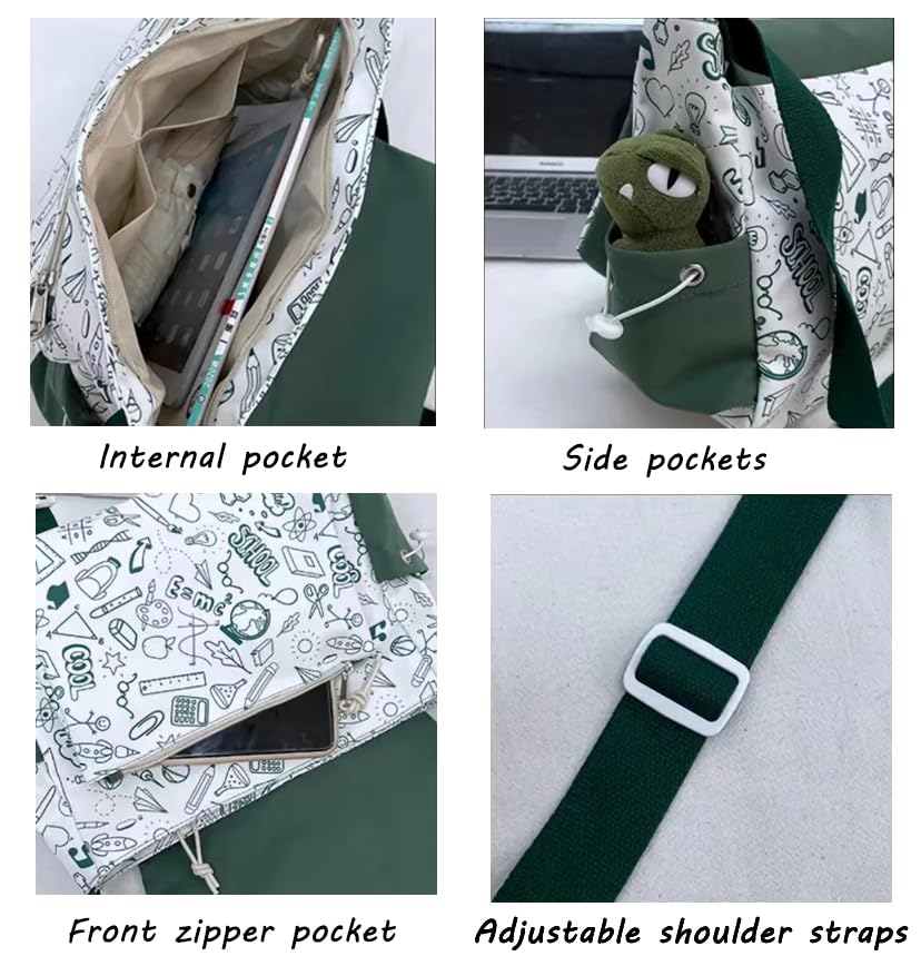 Image of Aesthetic Crossbody Bag with Cute Pins and Ornament, Nylon Shoulder Messenger Bag Japanese Kawaii Bag for Women Men
