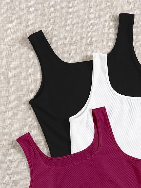 Image of Toochki Women's Knitted Sleeveless Solid Sqaure Neck Ribbed Tank & Crop Tops (Pack of 3)