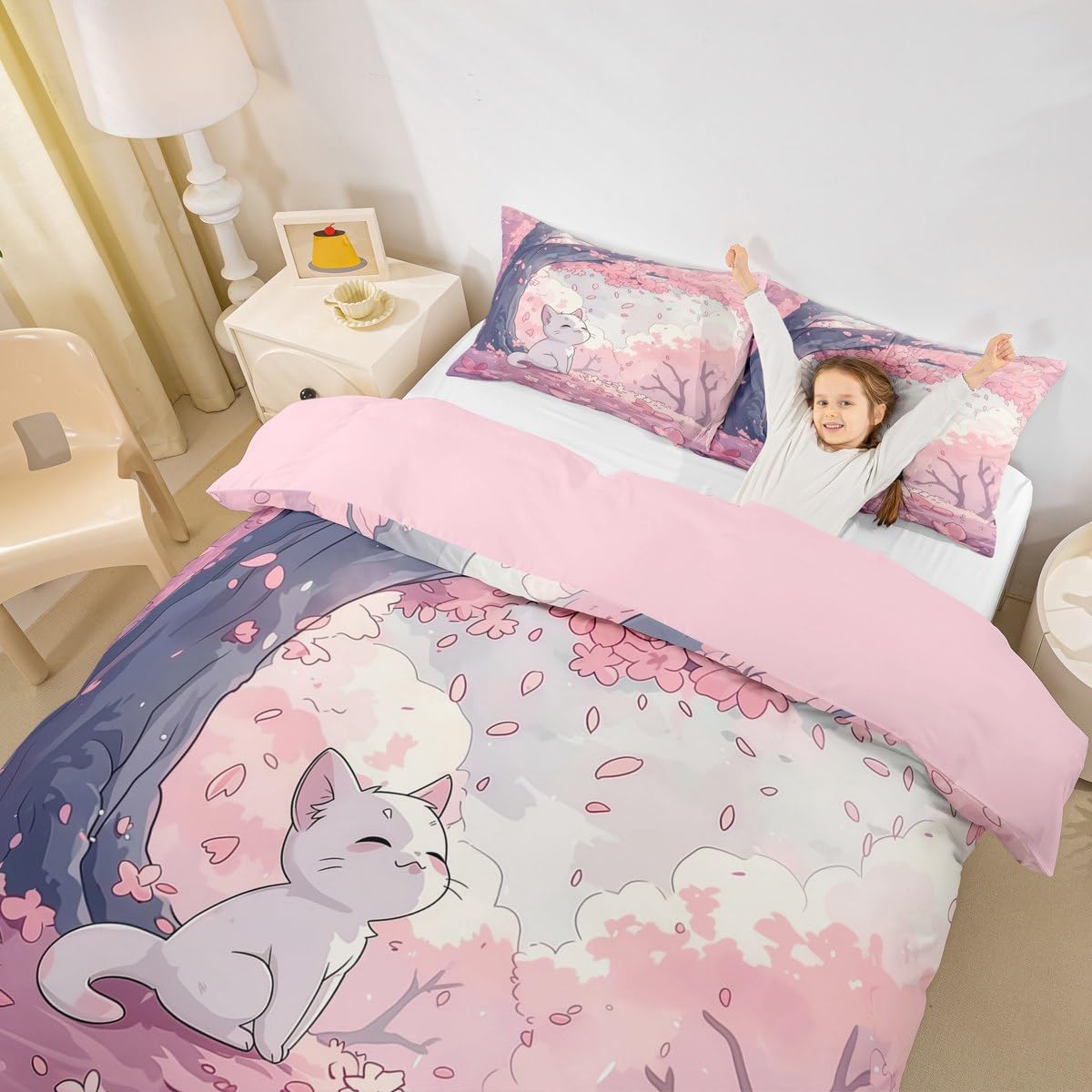 Erosebridal Cartoon Little Cat Duvet Cover Queen Cute Anime Animal Bedding Set Pink Dreamy Cherry Blossom Comforter Cover for Kids Boys Girls,Japanese Style Kawaii Kitten Bed Set