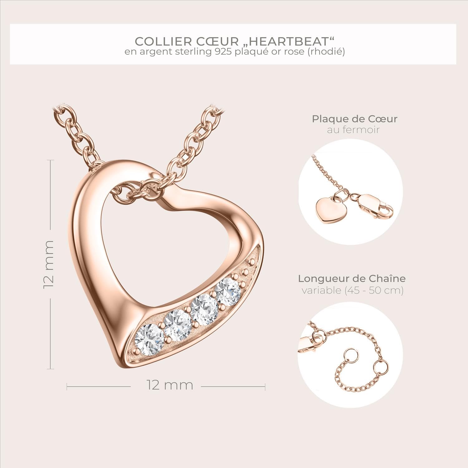 Collier Cœur Femme Or Rose (Argent 925 plaqué) Zircon Pendentif Coeur