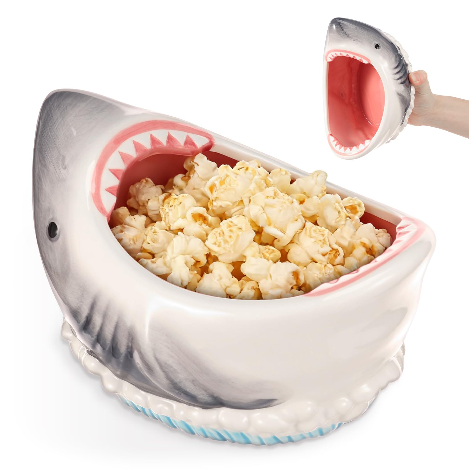 GUIJZSLTRG 3D Shark Attack Ceramic Bowl 40OZ Large Capacity Shark Shape Snack Bowl Decorative Candy Popcorn Serving Tray Dishwasher Safe Cartoon Container for Fruit Candy Dry Food Snack Key Jewelry