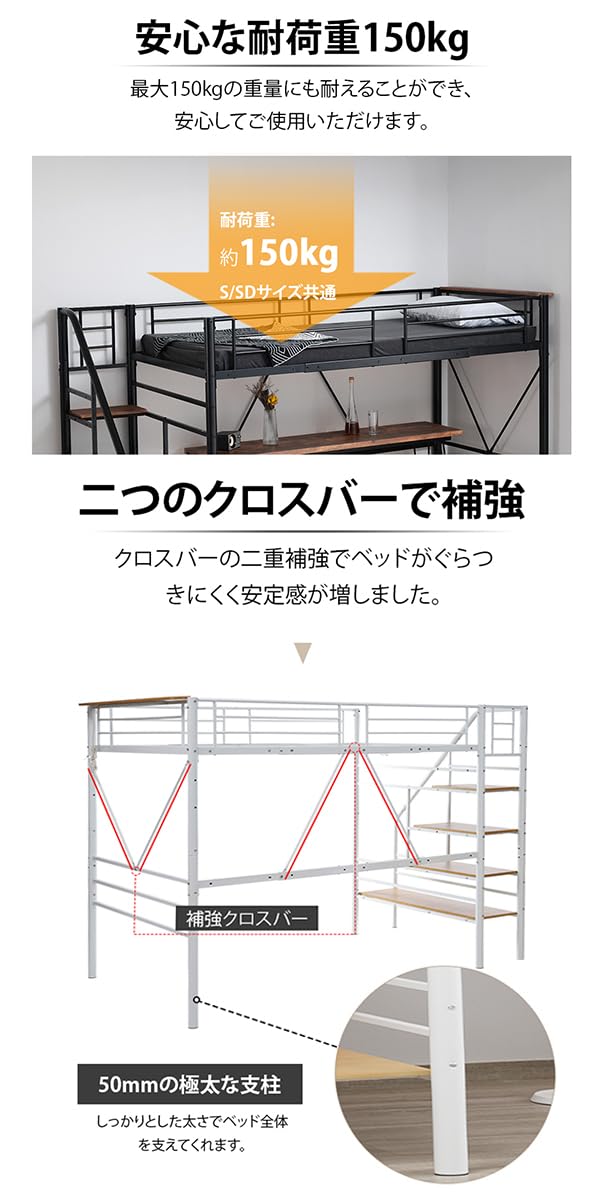 ロフトベッド シングル 階段 棚コンセント付き ベッドフレーム（上段のみベッド） ロフトベッド シングル 階段付き メッシュ 宮棚 2口コンセント