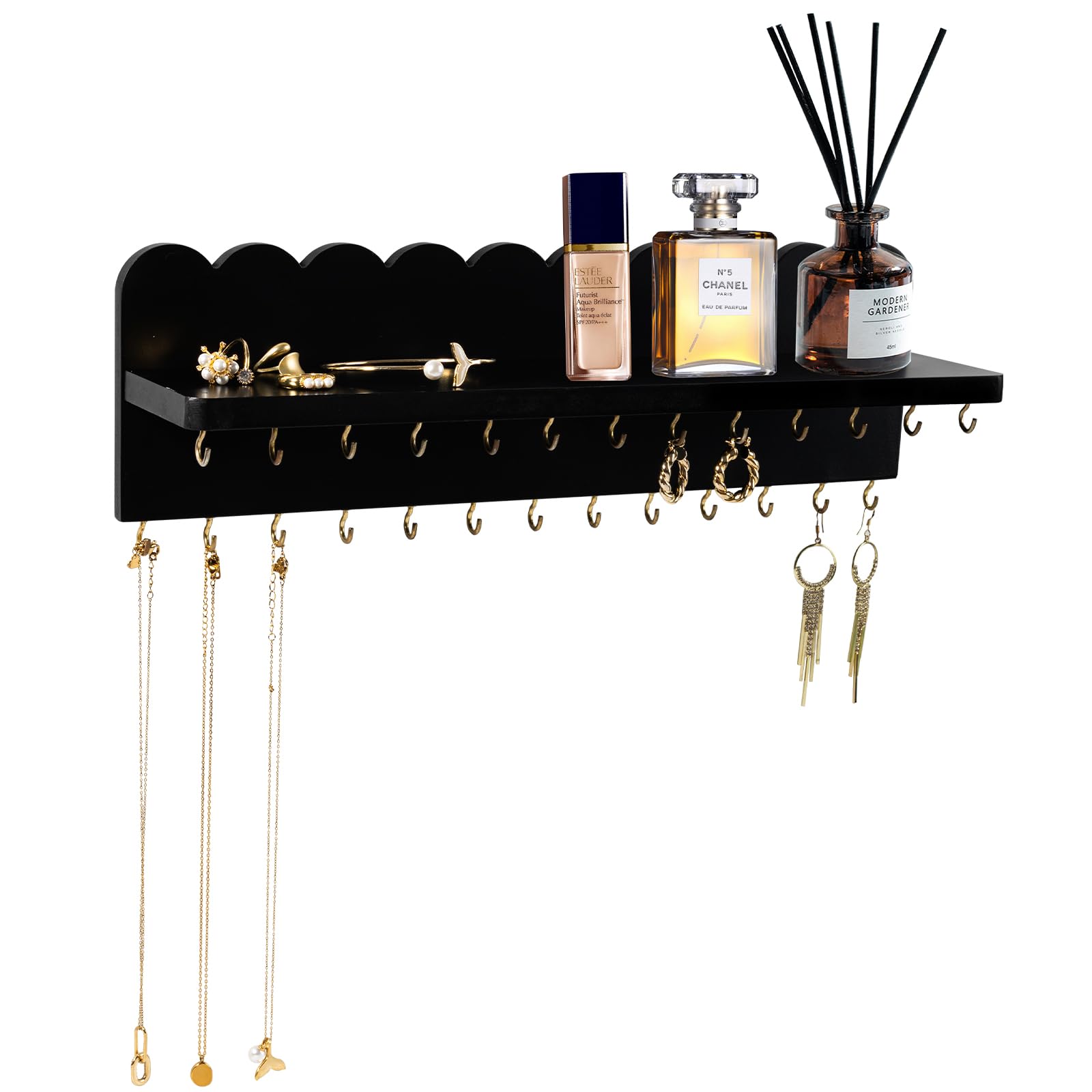 Wall Mount Jewelry Organizer with 26 Hooks and Cosmetics Shelf — Modern Wood Hanging Jewelry Holder for Necklaces, Bracelets, Earrings, and Rings (Black)