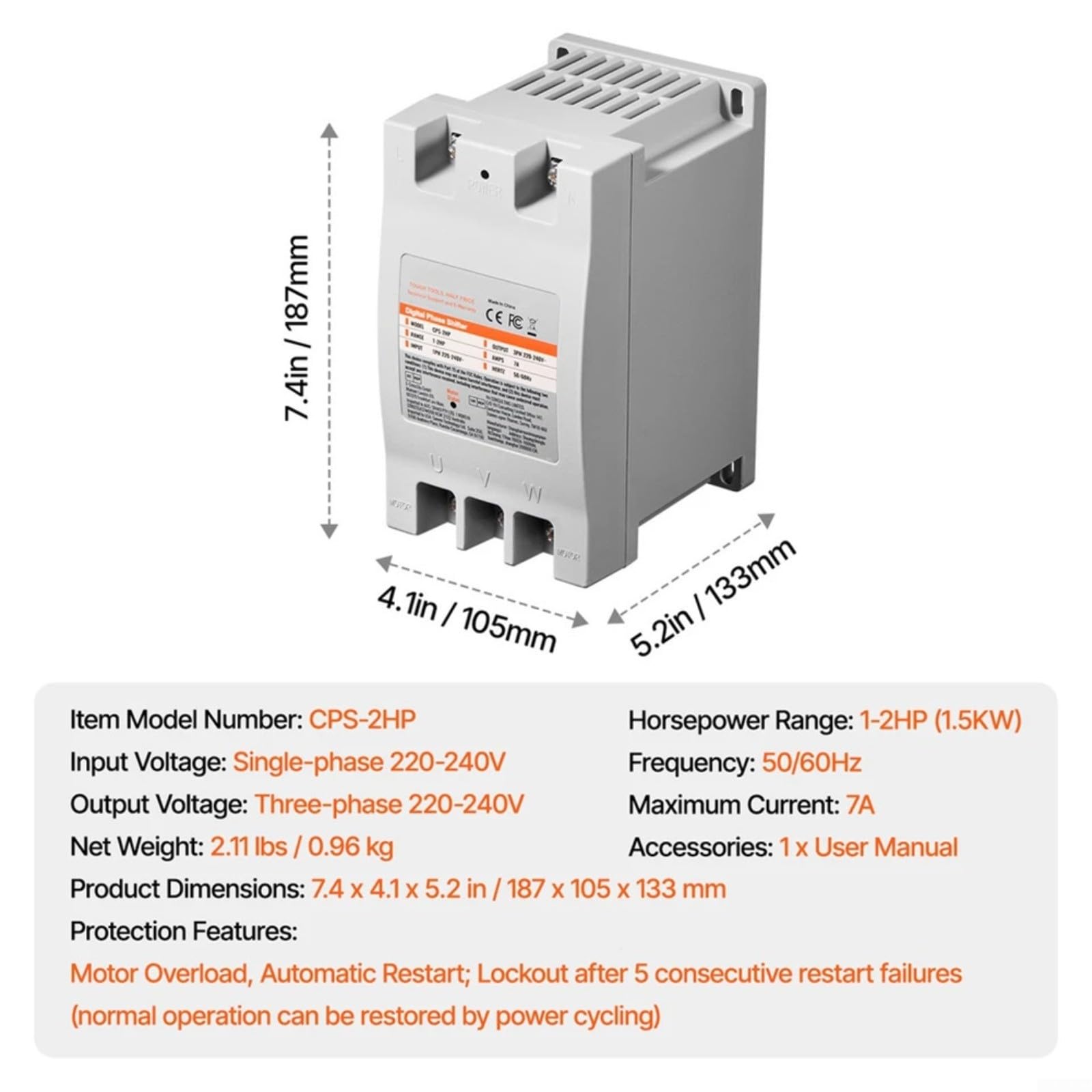 2HP Digital Phase Converter, Single-Phase 220-240V to Three-Phase 220-240V, 7A Variable Frequency Drive for Motor Controls, Metal Housing,Frequency Inverter