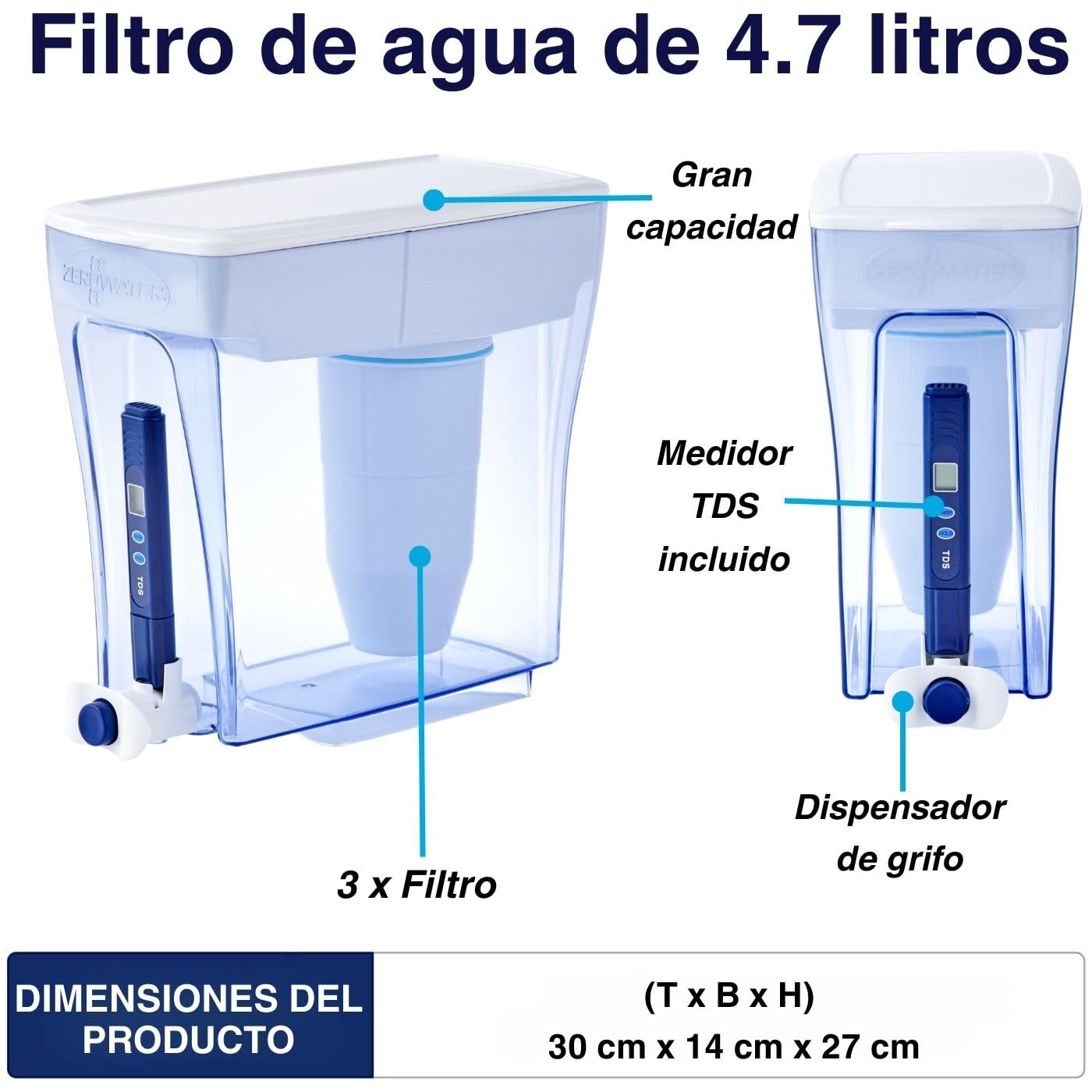 ZeroWater - Kit de filtración de agua (4,7 L, con 3 cartuchos de filtro y dispositivo de medición de la calidad del agua, sin BPA, certificado NSF, ideal para reducir la piedra caliza, el plomo y