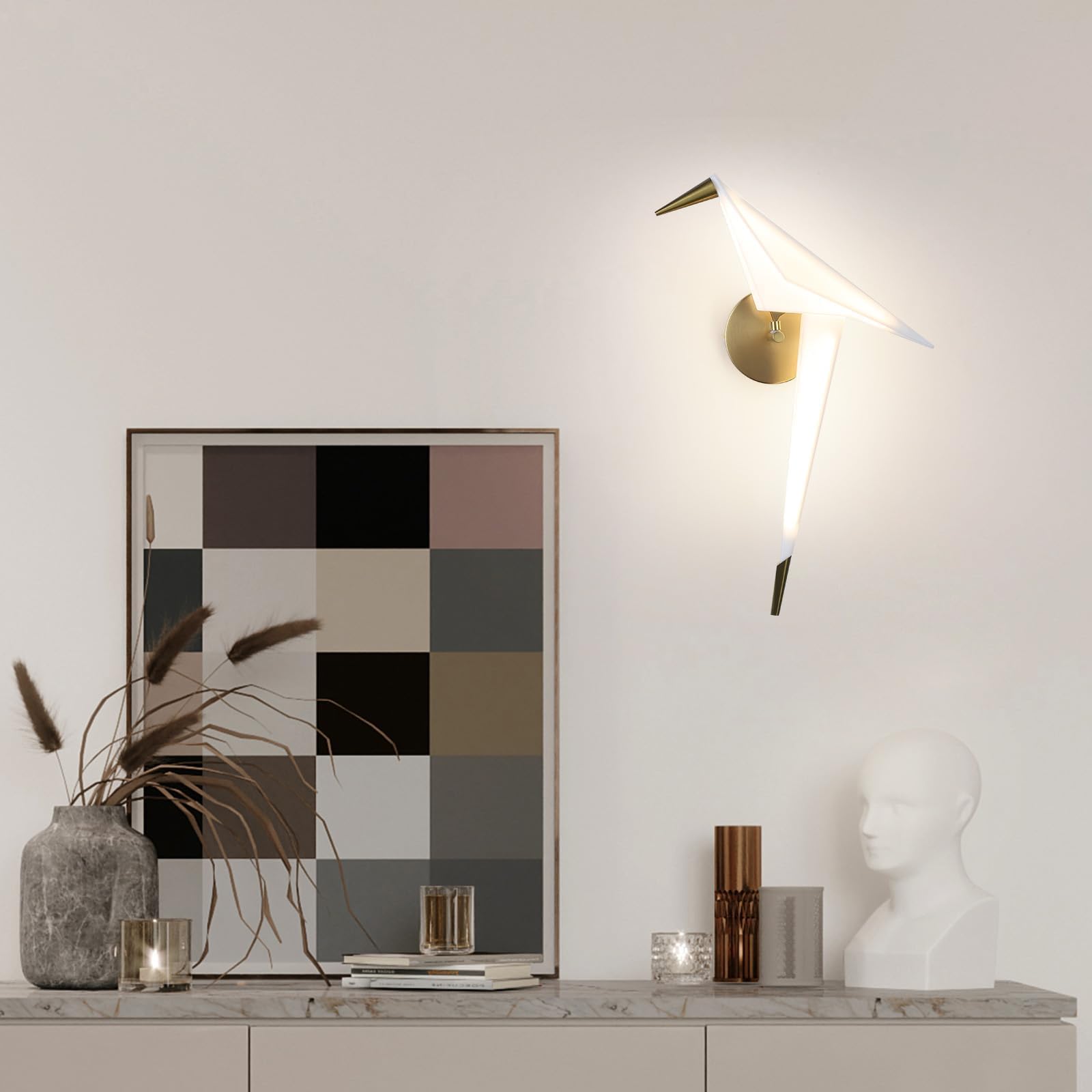 Wandleuchte Moderne Gold Papier Kran Swing Vogel LED Wandleuchte,3000K Warme Acryl Lampenschirm Metall Basis Wand leuchte für Wohnzimmer Schlafzimmer Büro Studie Lesen, 50cm*20cm