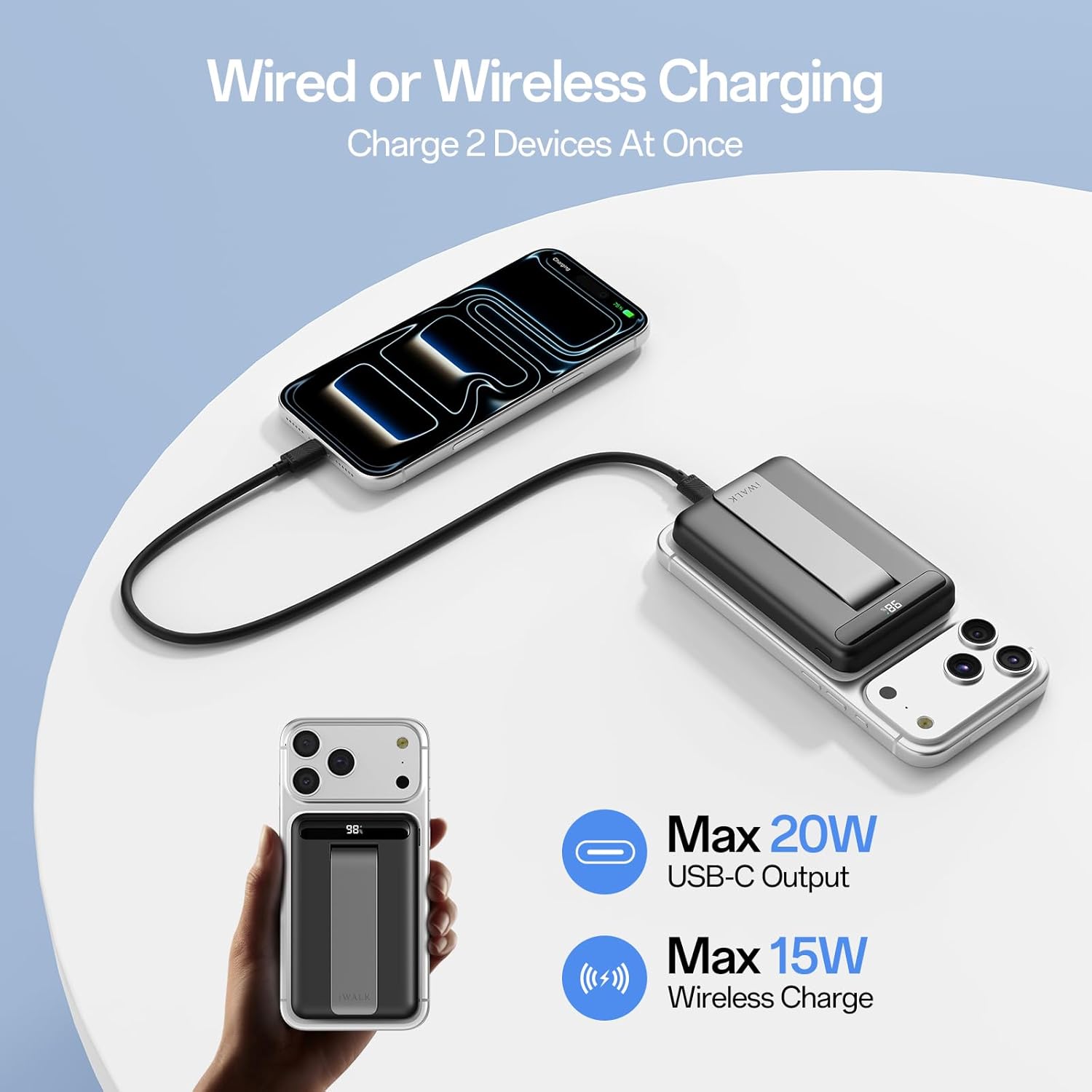 iWALK Qi2 Certified 15W Magnetic Wireless Power Bank, 10000mAh Portable Charger with Adjustable Stand & LED Display, Fast Charging for iPhone 16/15/14/13/12 Pro/Pro Max/Plus/Mini - Image 5