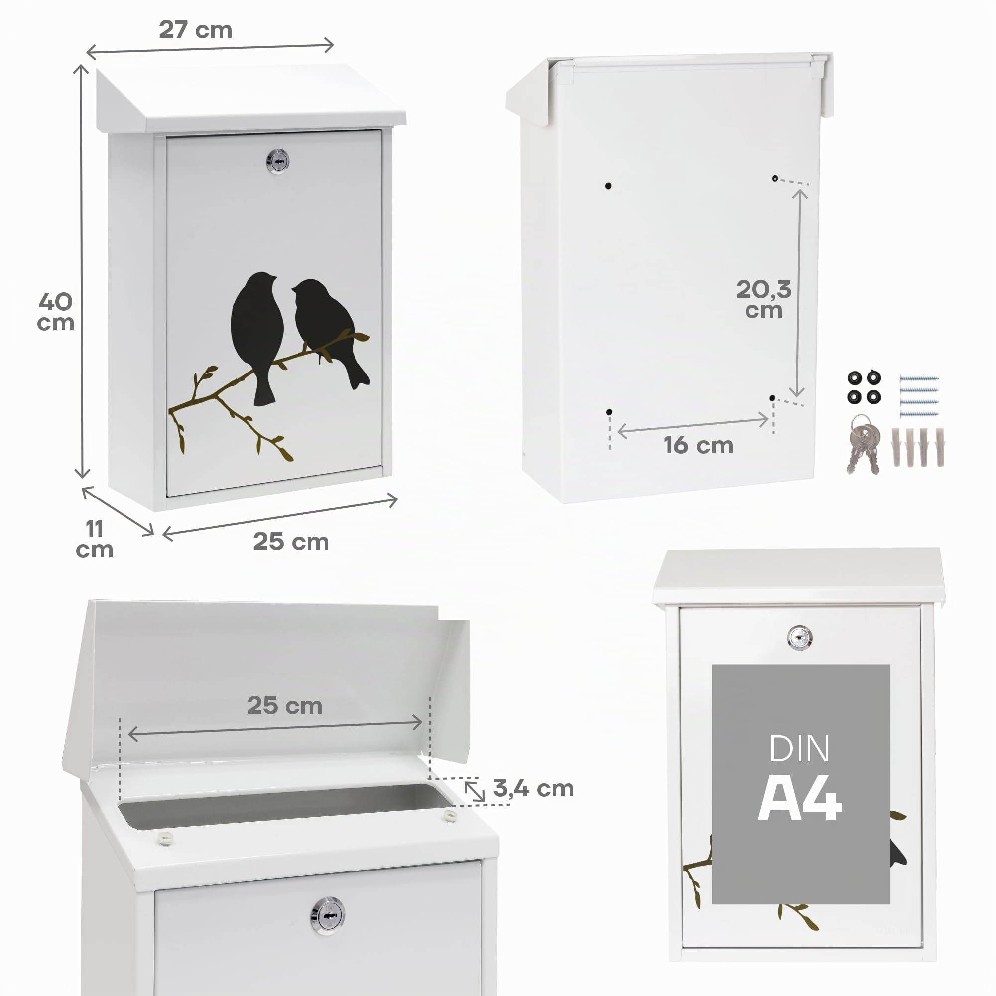 ARREGUI Premium E5601-BIR Boîte aux Lettres Individuelle en Acier avec sérigraphie « Birds », Taille M (Courrier Format A4, Magazine), Boîte aux Lettres Murale, Anti-Pluie, Facile à Installer, Blanc