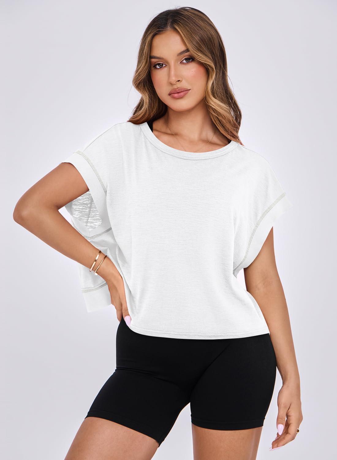 MIHOLL Womens Oversized Workout Crop Tops Open Back Casual Short Sleeve Crew Neck Cotton Loose Boxy Tshirts - Image 7