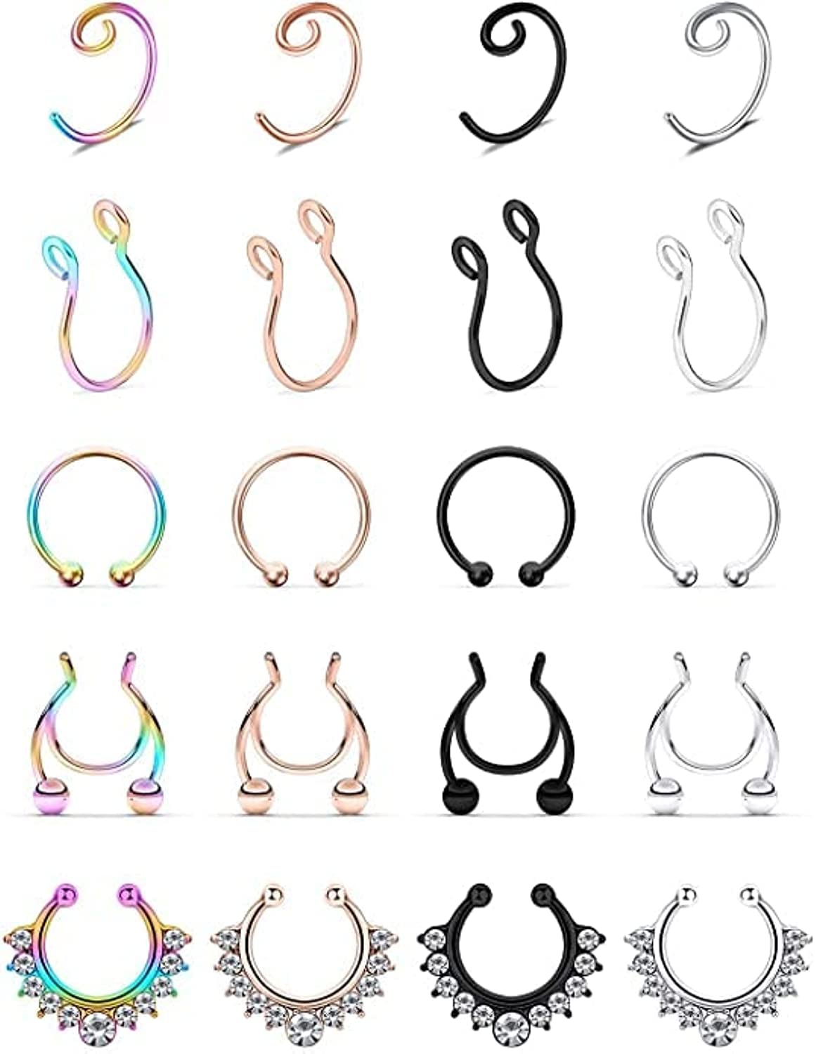 Fake Septum Nose Hoop Rings Stainless Steel Faux Lip Ear Nose Septum Ring Non Piercing Clip On Nose Hoop Rings Body Piercing Jewelry 20PCS