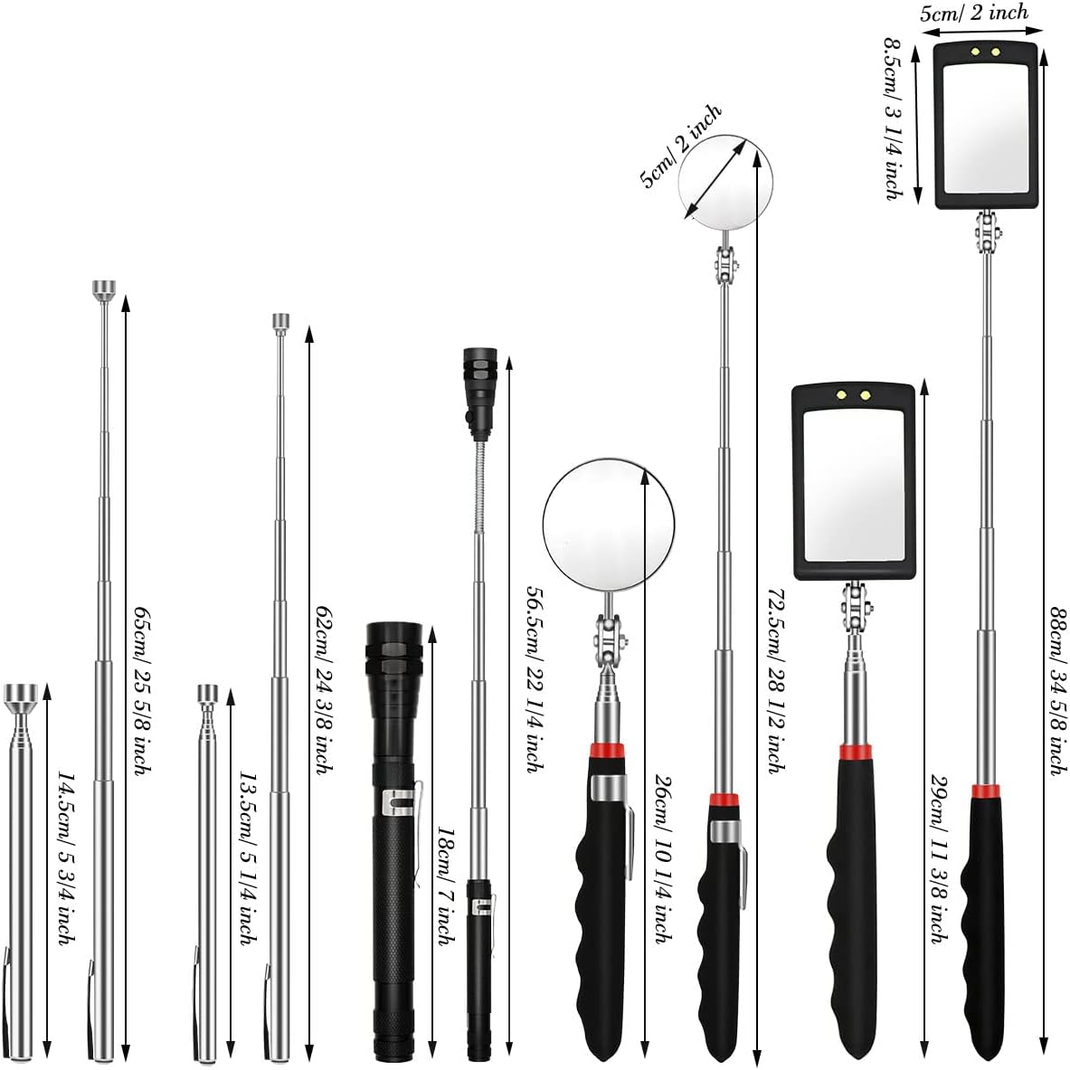 Magnetic Pick-up Tools,5PcsTelescoping Magnetic Pick-Up Tool Dad Father Christmas Gift 15lb/1lb Pick Up Rod, Telescoping Flexible 3 Led Flashlight Round/Square 360° Swivel Adjustable Inspection Mirror