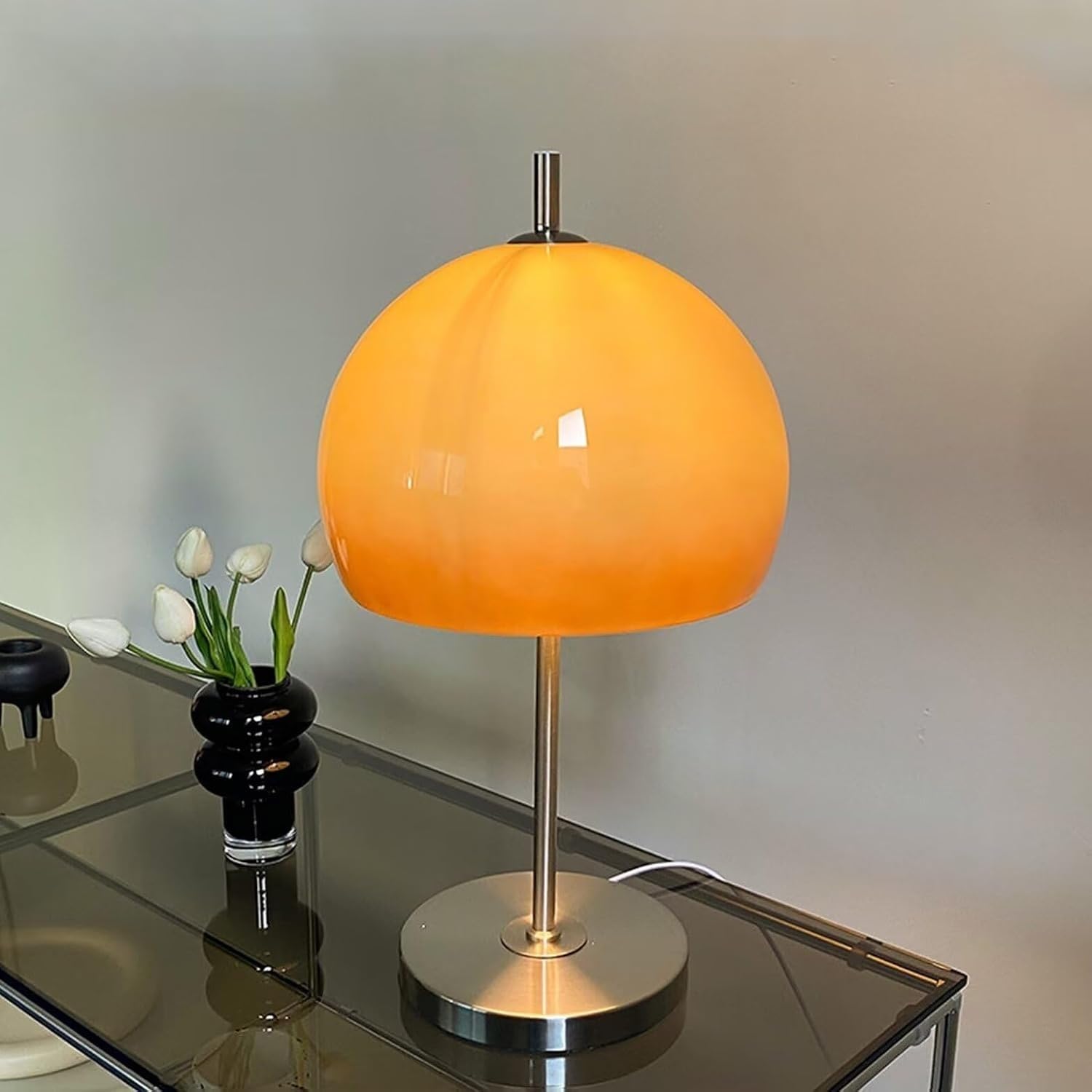 Lámpara de Mesa de Cristal en Forma de Seta con Pantalla Naranja degradada, luz Nocturna Regulable Junto a la Cama, decoración acogedora for el hogar