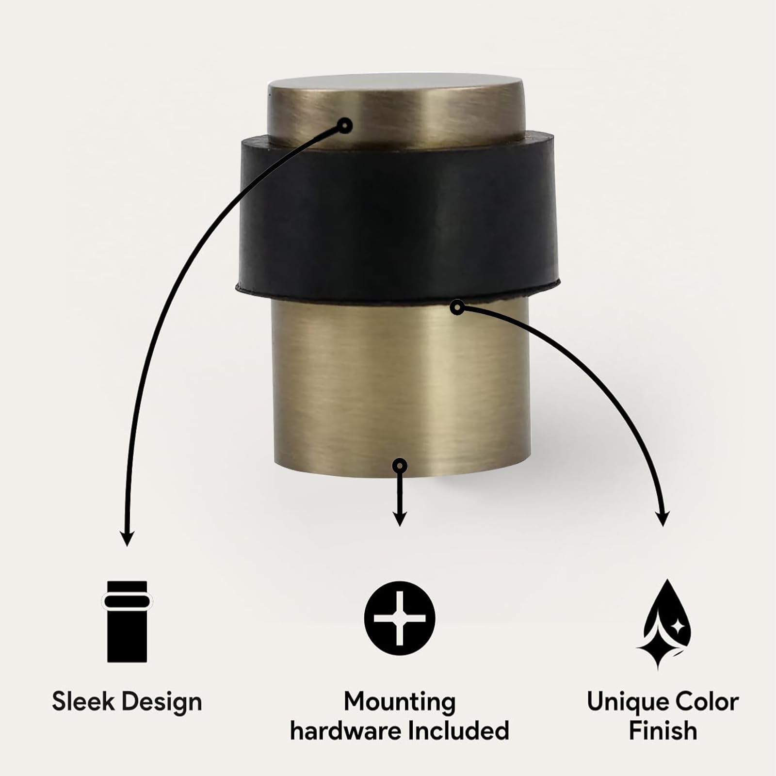 KHTUMEWARE 3801 cylindrical floor door stop dimension diagram, 1-1/2 in (38 mm) overall height, 1.38 in (35 mm) max diameter, Antique Brass.
