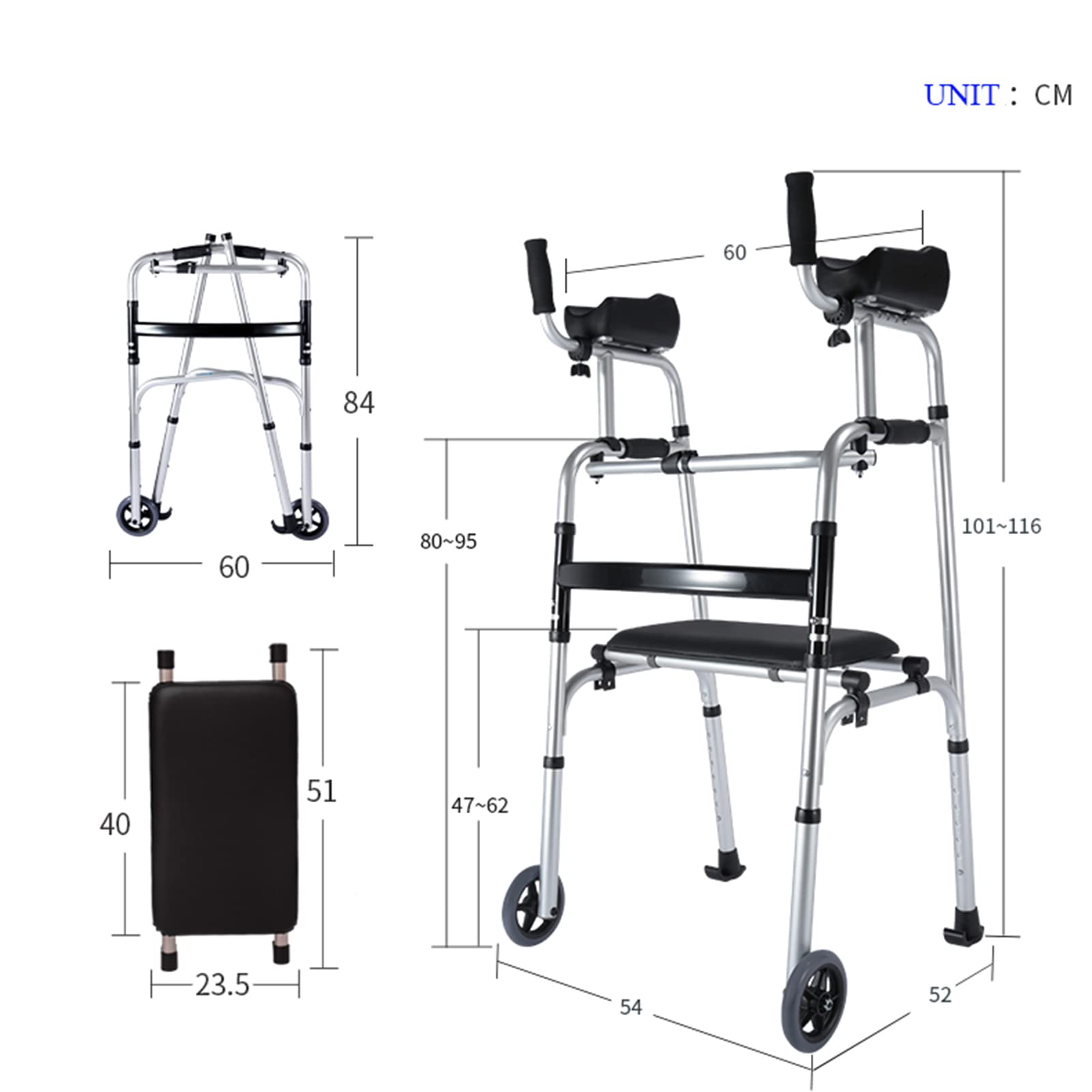 Andador Ligero De Aluminio De Altura Ajustable para Adultos, Andador Plegable Ligero con Ruedas Y Soporte De Apoyabrazos Desmontable, Ayuda para Caminar,Silver