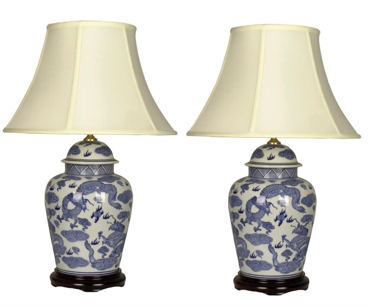 The Spice Cellar Pair of Chinese Tall Jar Table Lamps with Shades - Blue Dragons