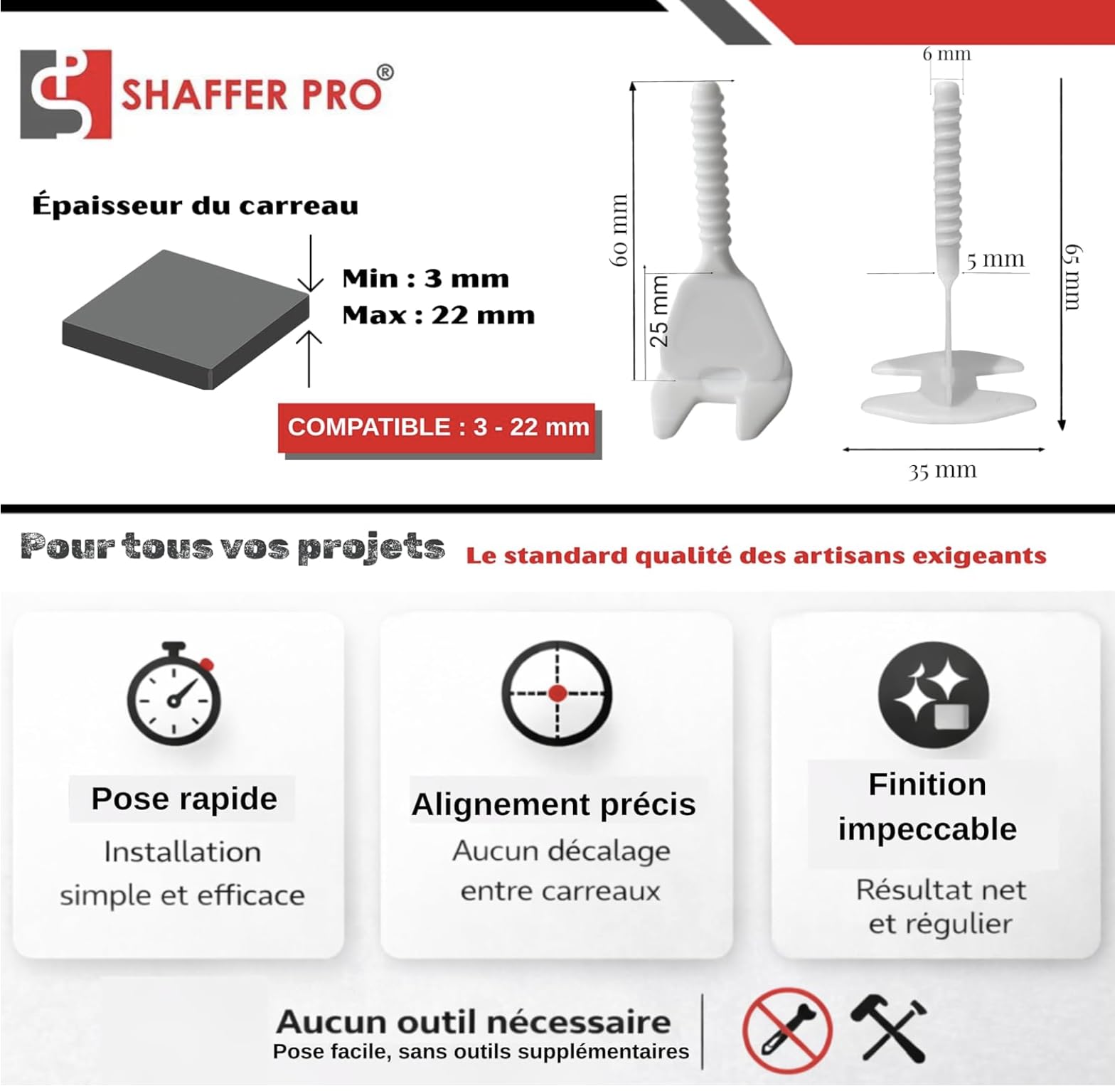 Croisillons carrelage autonivelant 2mm I SHAFFER PRO I Comptatible 20mm