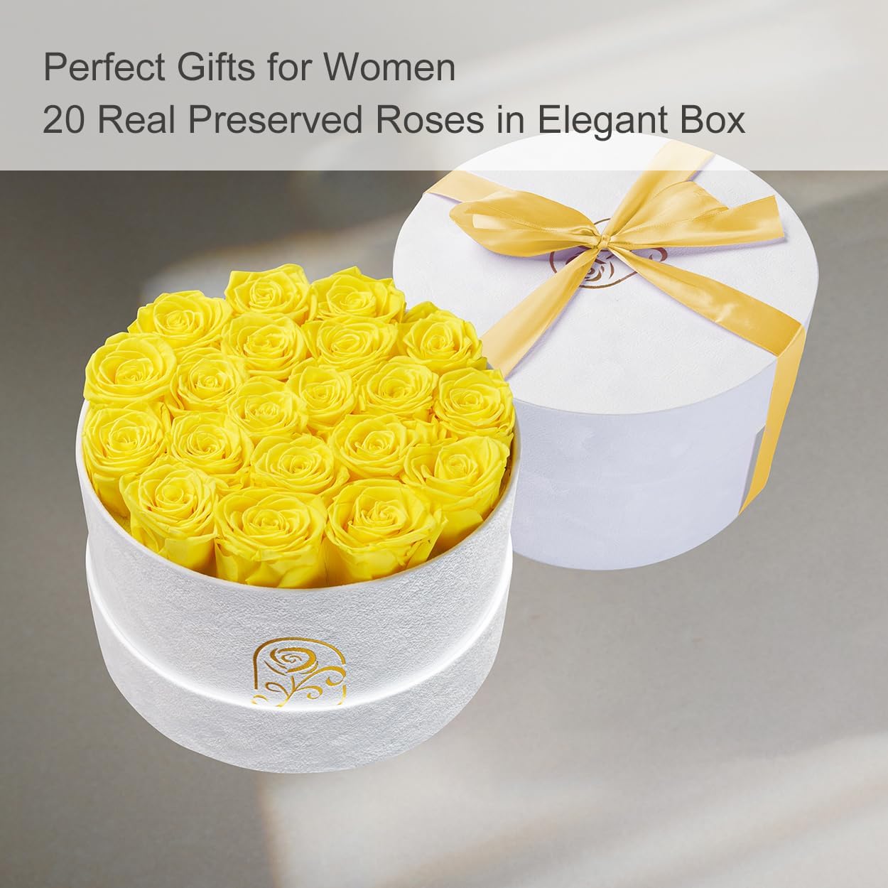 Gifts for Women Preserved Roses Flower Box, Luxury Velvet Box with 20 Roses, Preserved Flowers, Romantic Gift for Her, Wife, Girlfriend, Birthday Anniversary Christmas (Yellow)