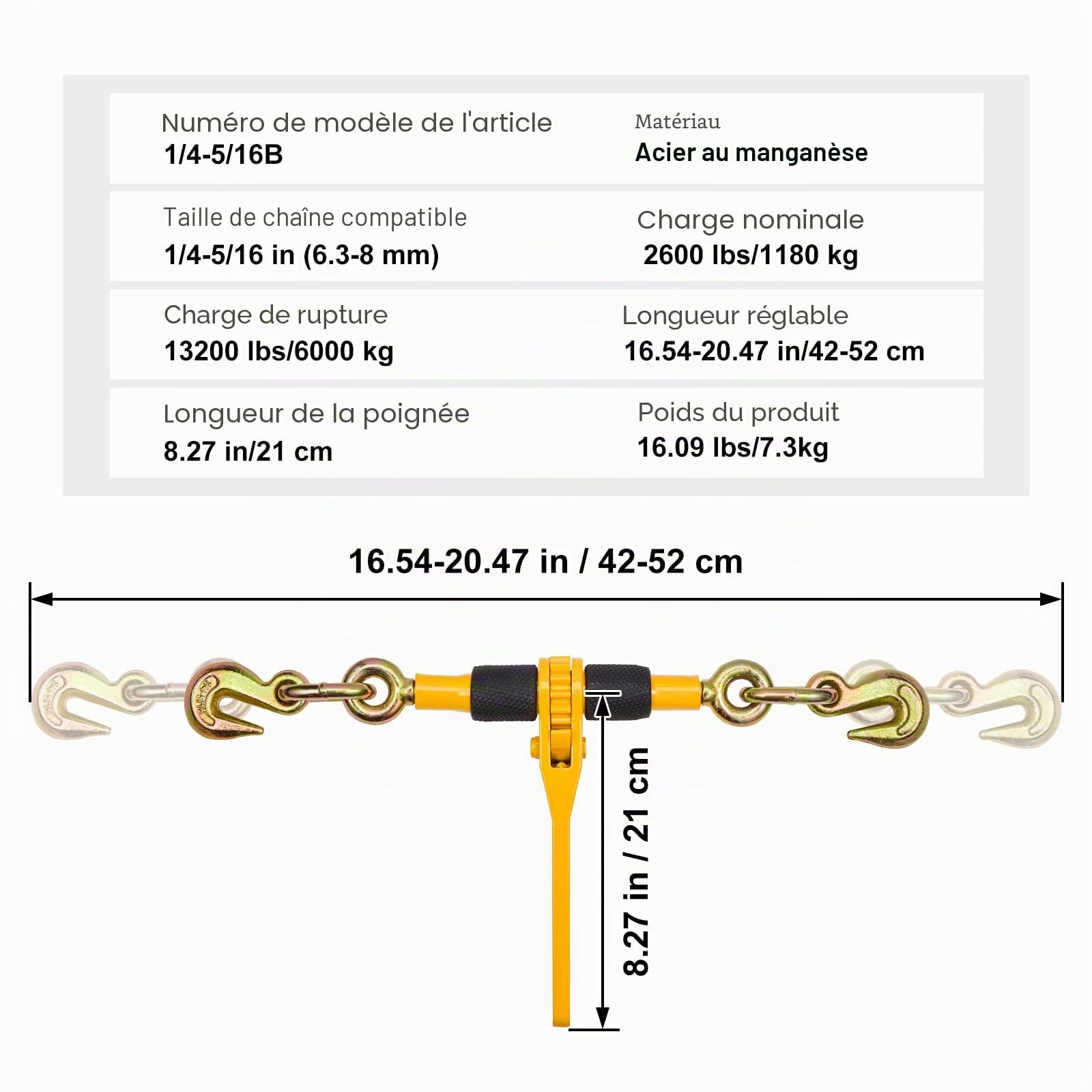 VEVOR Tendeur à Cliquet pour Chaîne d'Arrimage 6,3-8 mm, Charge de Travail Sécurisée 1180 kg, Lot de 4, avec 2 Crochets de Préhension, Attaches pour Chaîne de Transport, Remorque, Camion à Plateau