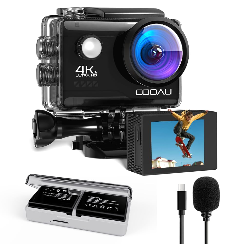 COOAU Action Cam 4K60 fps 64MP WiFi touch screen con microfono esterno, fotocamera subacquea 40 m Type-C EIS stabilizzazione 170° Action Camera 2 x 1350 mAh batterie/accessori