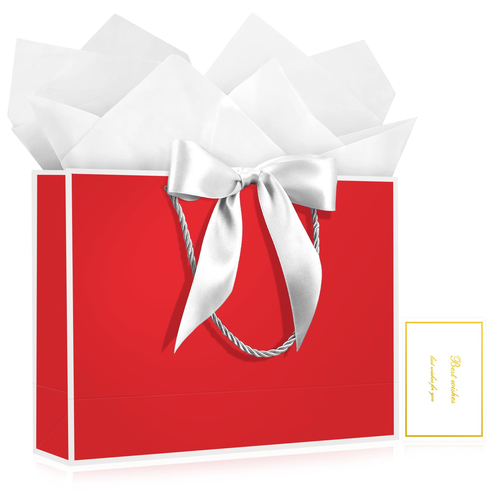 YoungTree 1PCS Large Gift Bag with Ribbon and 1 Greeting Card 2 Tissue Papers,Paper Gift Bag with Handles, Birthday Gift Bags,Present Bags for Wedding Party,Mothers Day.12.6" x 9.8" x 4.3"white red — image 1