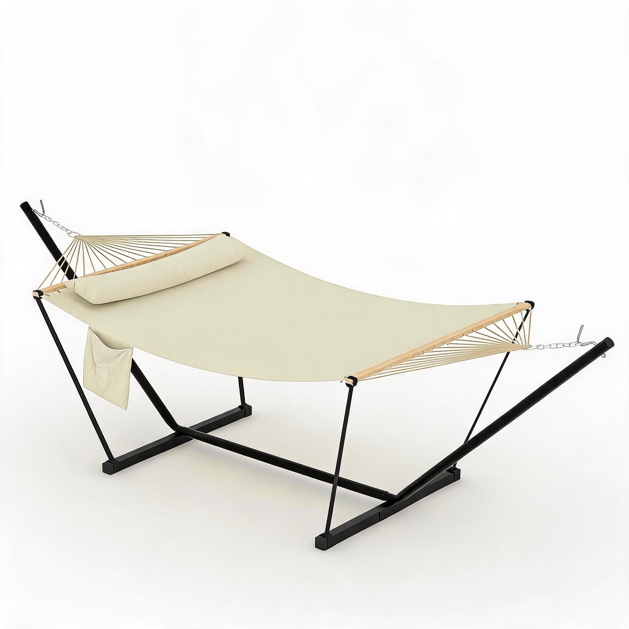 Heavy Duty Double Hammock for 2 Persons with Adjustable Steel T-Shaped Stand, Wooden Spreader Bar, Detachable Pillow, 450lbs Capacity –Portable Outdoor Swing Bed White Tone, 12FT