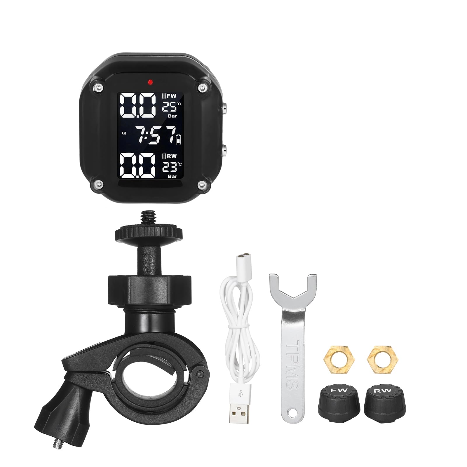 Domary di Monitoraggio della Pressione dei Pneumatici per Moto 0-8 Bar 7 modalità di Allarme Sveglia Automatica Sonno Porta Ricarica Magnetica con 2 Sensori Esterni per Monitoraggio