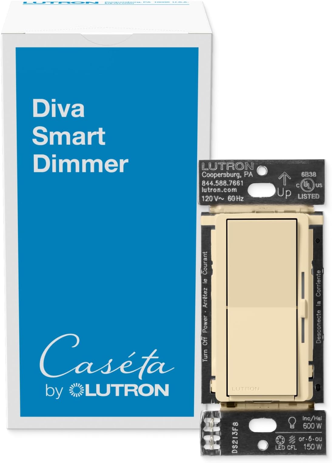 Lutron Diva Smart Dimmer Light Switch for Caseta Lighting (Lutron Smart Hub Required), for LED Lights, 150W, Single-Pole/3-Way, No Neutral, Ivory (DVRF-6L-IV)
