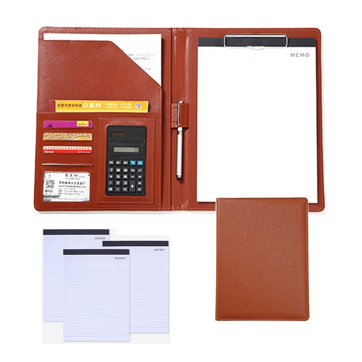 Portfolio A4 Porte Documents Multifonctionnel Folder Professionnelle Dossier De Conférence en Cuir avec Calculatrice pour Femmes Hommes Papier De Recharge 25 Feuilles Lot De 4 (Color : Brown)