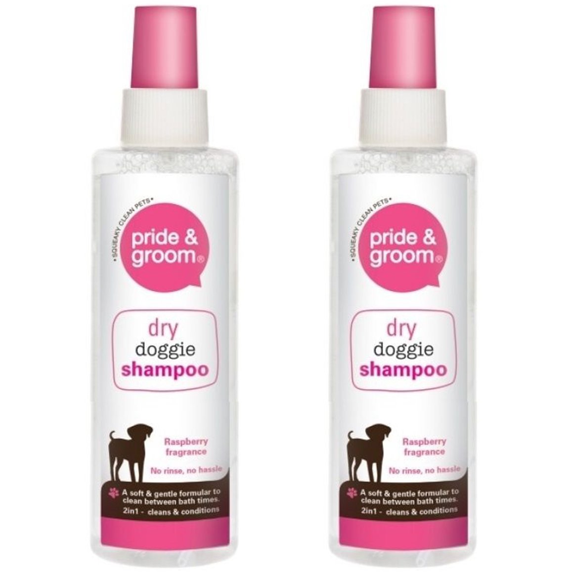 Dry Doggie Shampoo - No Rinse, No Hassle - Raspberry Fragrance - 2-in-1 Cleans and Conditions - 200ml Bottle Spray - Pack of 2 - Gentle Formula for Clean, Fresh Dogs Between Baths by Pride & Groom