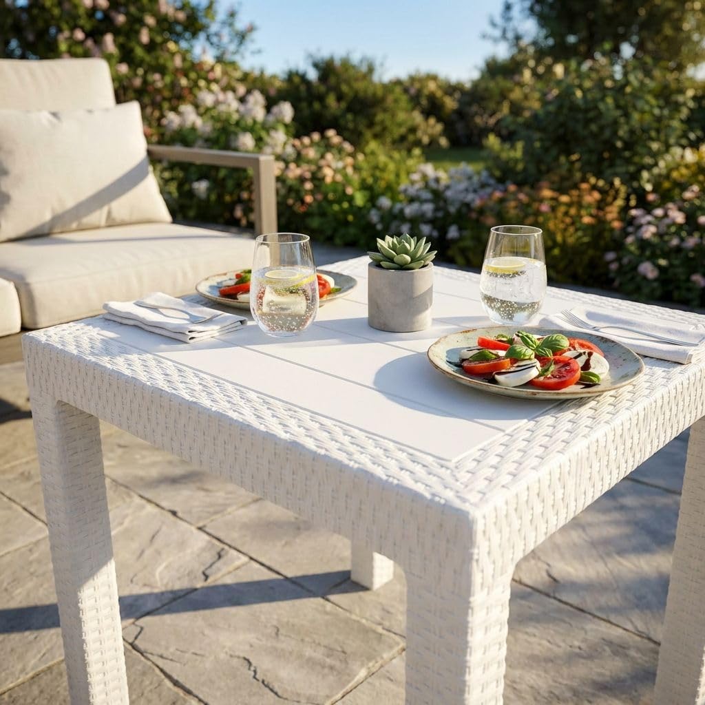 milani home - tavolo da giardino quadrato fisso in wicker effetto rattan bianco, 80 x 80 cm, in polipropilene, per terrazzo e portico