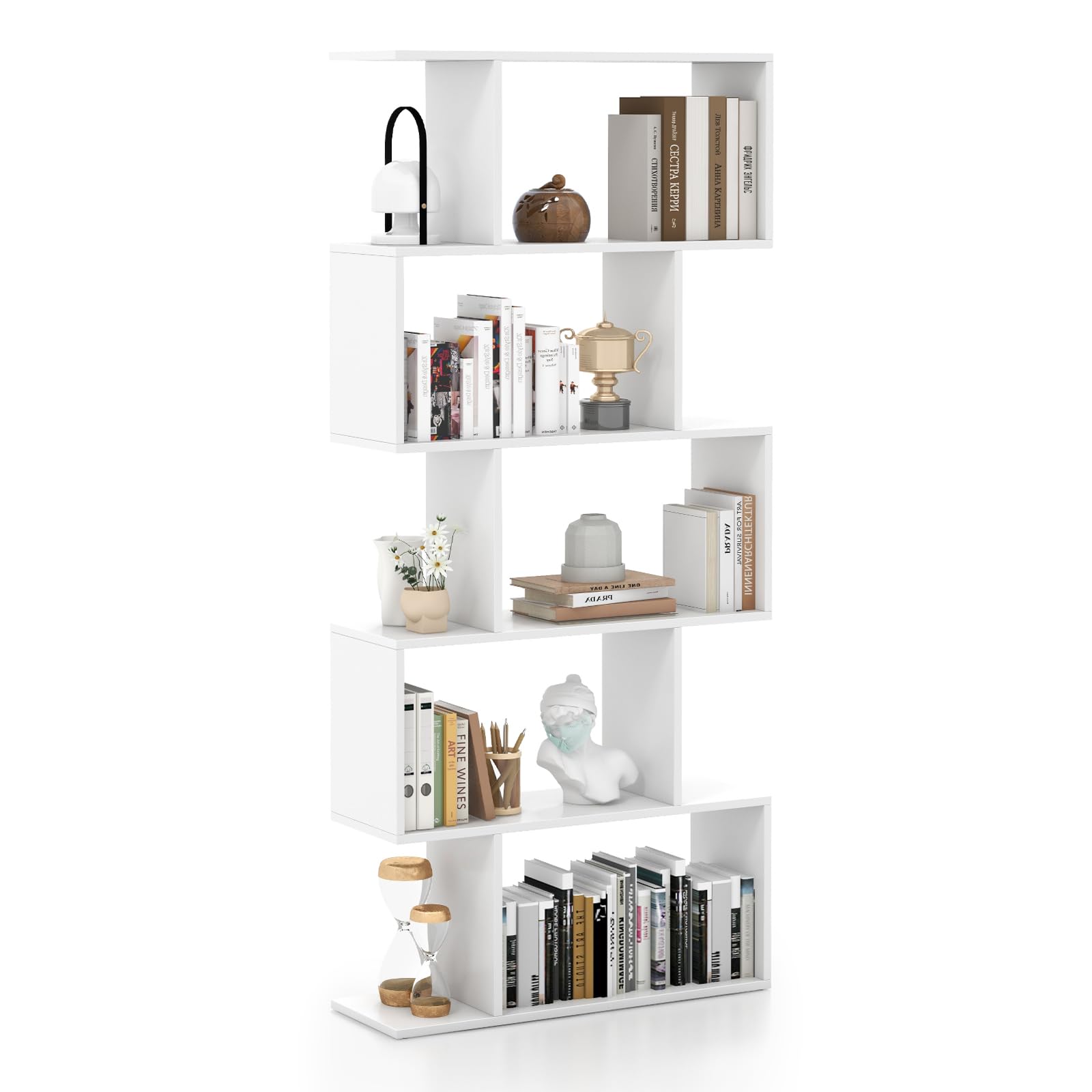 COSTWAY S-Shaped Wooden Bookcase, 5/6 Tiers Freestanding Storage Shelf, Home Office Industrial Decorative Bookshelf Display Stand Rack (White, 70 x 24 x 158 cm) — image 1