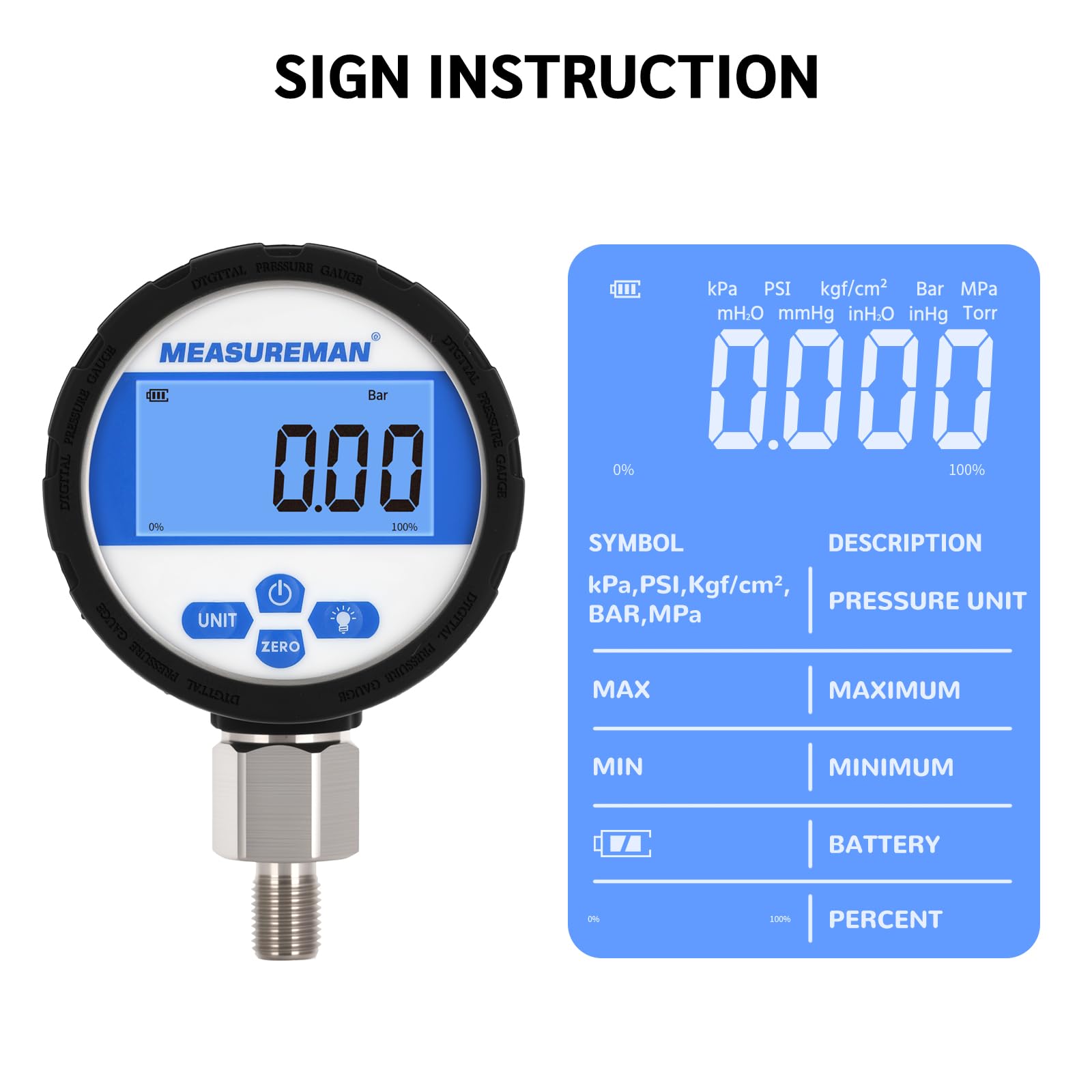 Manomètre industriel numérique, cadran 80 mm, raccord inférieur G1/4", boîtier et raccord en acier inoxydable, 0-10 bar, précision 0,4%, alimenté par batterie, avec éclairage LED.