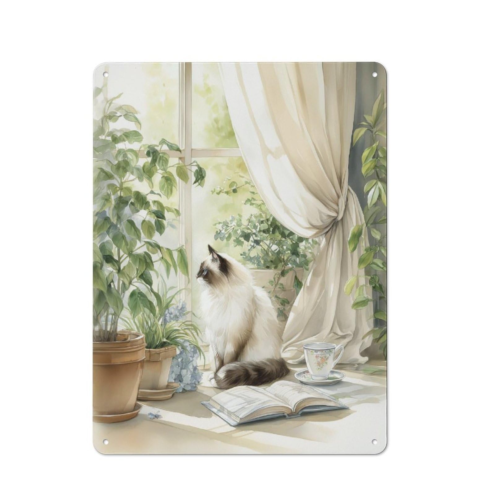 Junmoney Cat By The Window Metal Plaque 40X30cm With For Hallway Wall, Retro Decor, For Wall Display Collectors