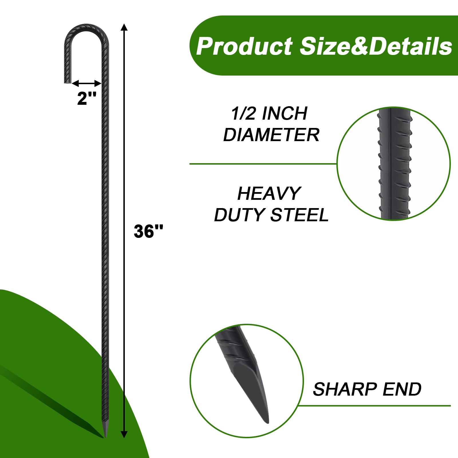 AAGUT Bewehrungsstäbe, 91,4 cm, J-Haken, 1,27 cm, Gartenpfähle, strapazierfähig, 20 Stück | Extra lange Zeltheringe, Metall-Bodenanker mit Meißelspitzenende für Carport, Bäume, Maschendrahtzaun, Camping, Gewächshaus
