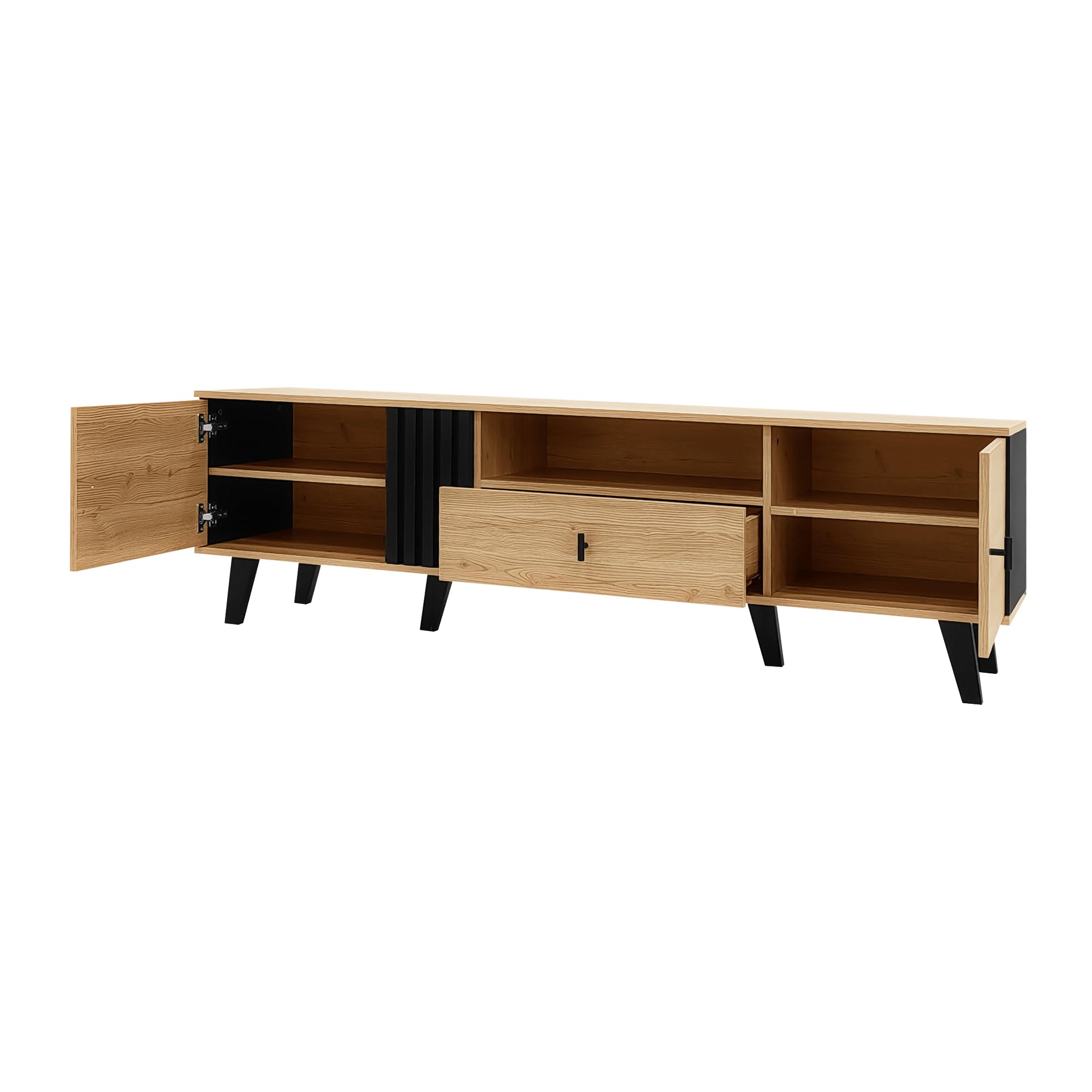Elegancia elegante: mueble de TV de 170 cm con diseño de madera y negro, mueble de TV, mueble bajo con cajones, múltiples funciones de almacenamiento, aspecto único