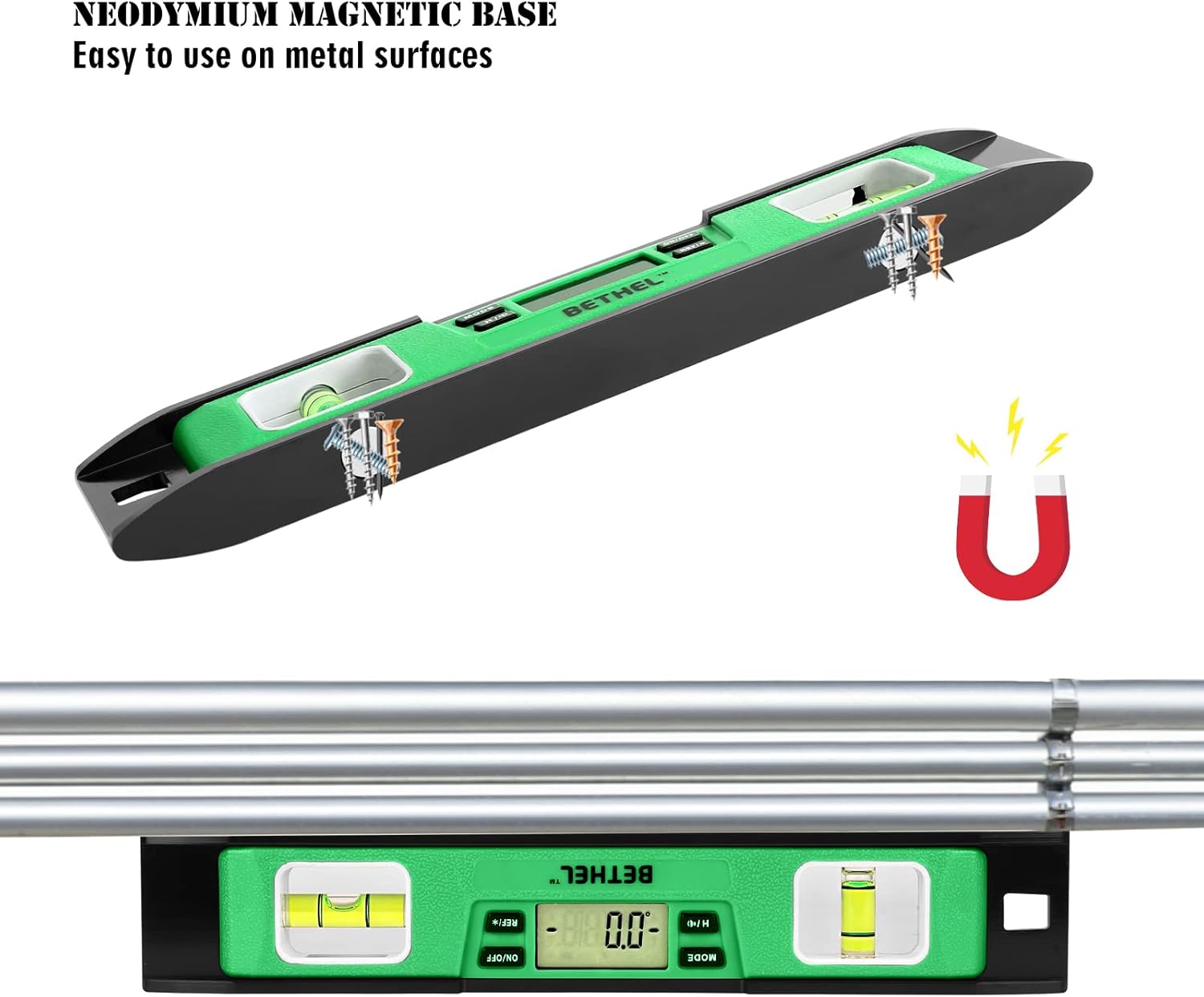 BETHEL Digital Torpedo Level -10 Inch IP54 Digital Magnetized Level Protected Electronic Bubble Inclinometer/Angle Finder/LED Display & V-Groove Base (10 Inch, Green)