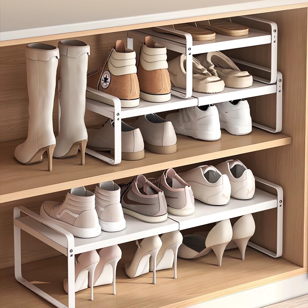Bayou - Zapatero expandible de 2 niveles, organizador de almacenamiento de zapatos ajustable para armario, estante de zapatos de metal resistente, zapatero apilable para espacios pequeños (H: