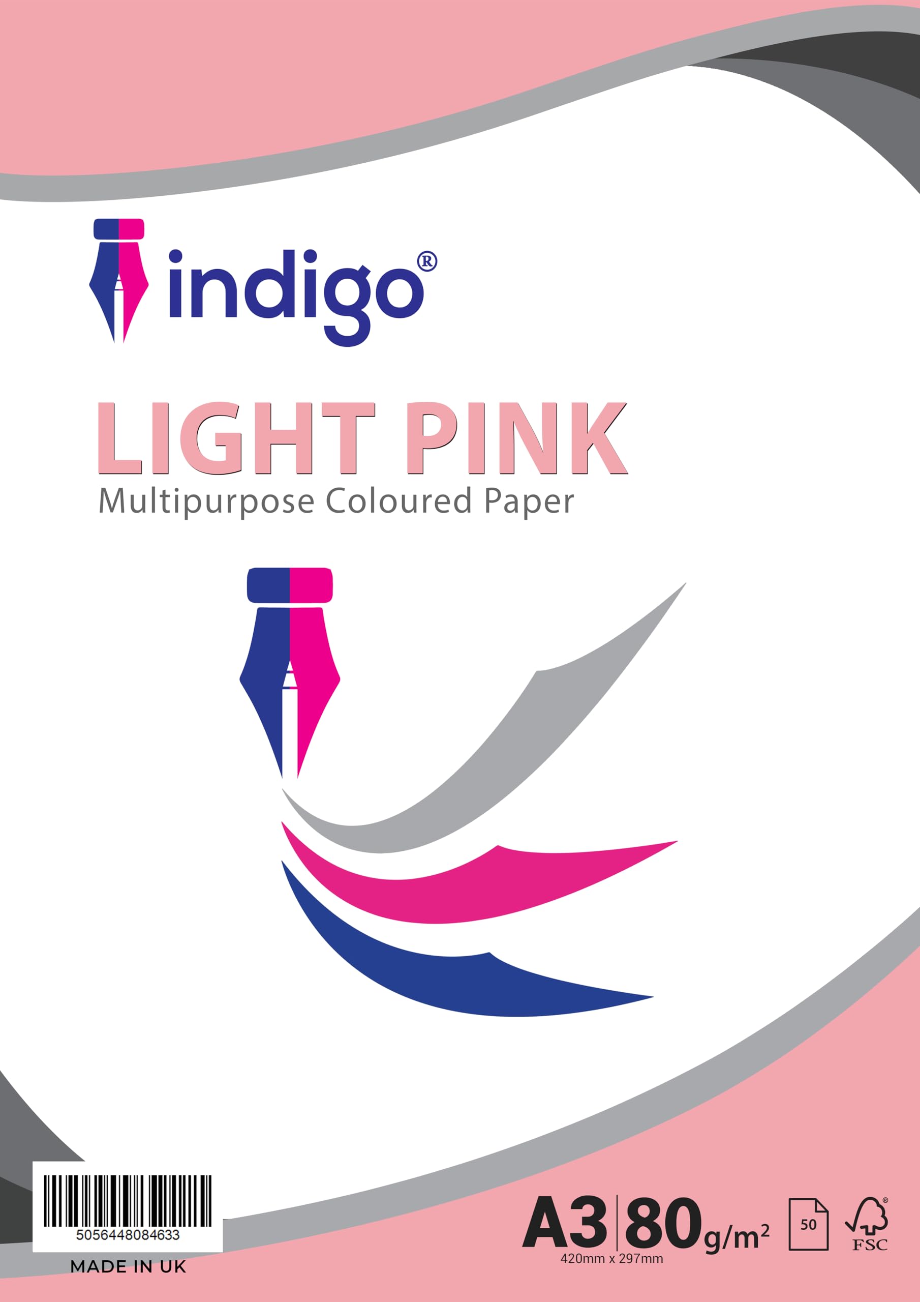 Indigo® A3 80gsm Coloured Paper Origami Assorted Multi Colour Paper for Art & Craft Sheets (Light Pastel Pink, 50 Sheets)