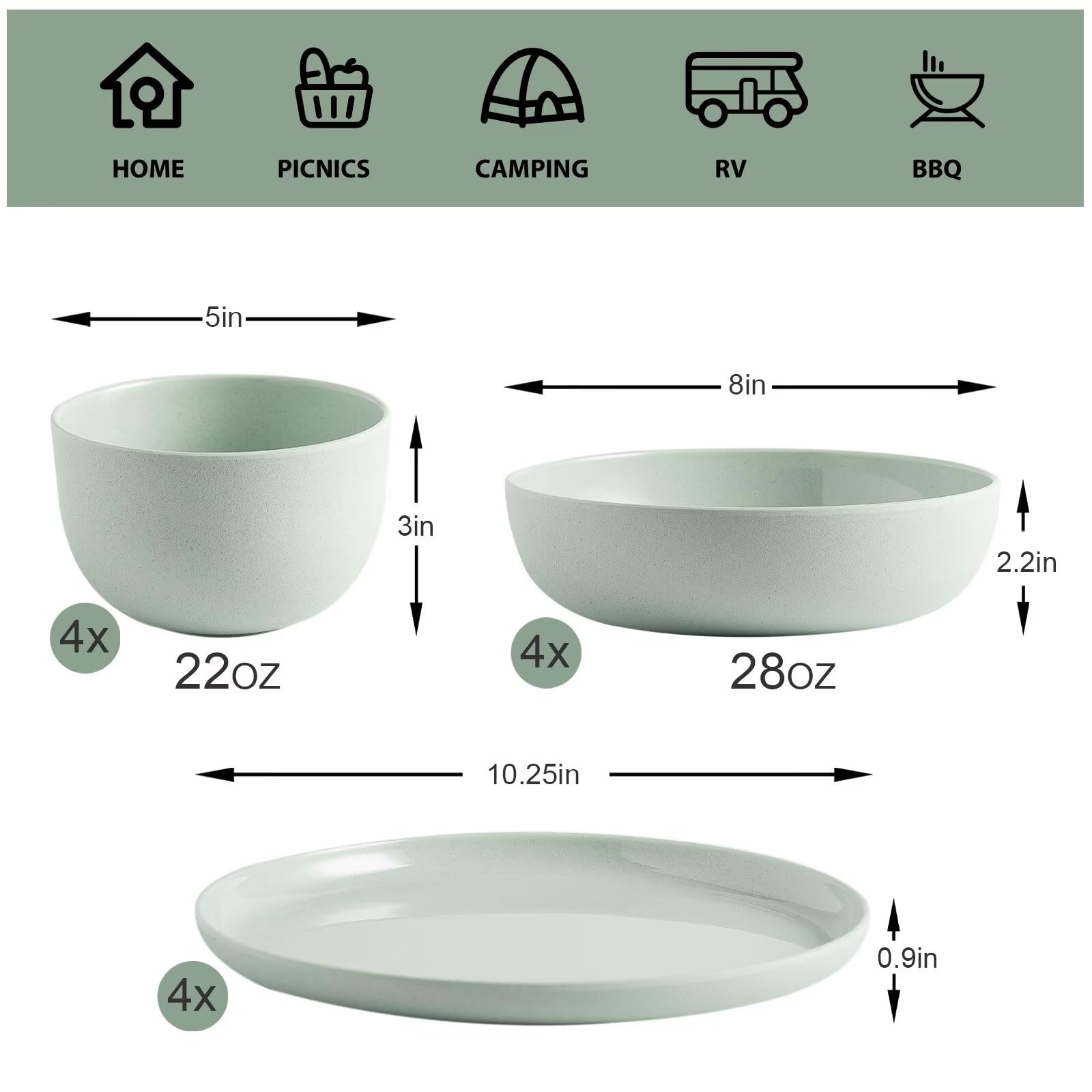 MissYIP 12 Pcs Wheat Straw Dinnerware Sets, Unbreakable Reusable Kitchen Dinnerware Set, Outdoor Camping Dishes, BAP free, Dishwasher Safe,Not oven-safe or microwavable(Celadon)