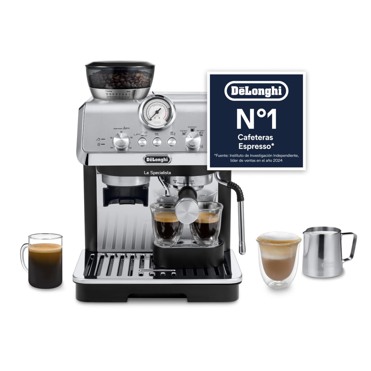 De'Longhi Perfetto La Specialista Arte, Máquina de Café Espresso y Cappuccino con Bomba, Máquina de Café en Grano, 3 Recetas Predefinidas, 8 Ajustes de Molienda, EC9155.​MB, Metal/​Negro