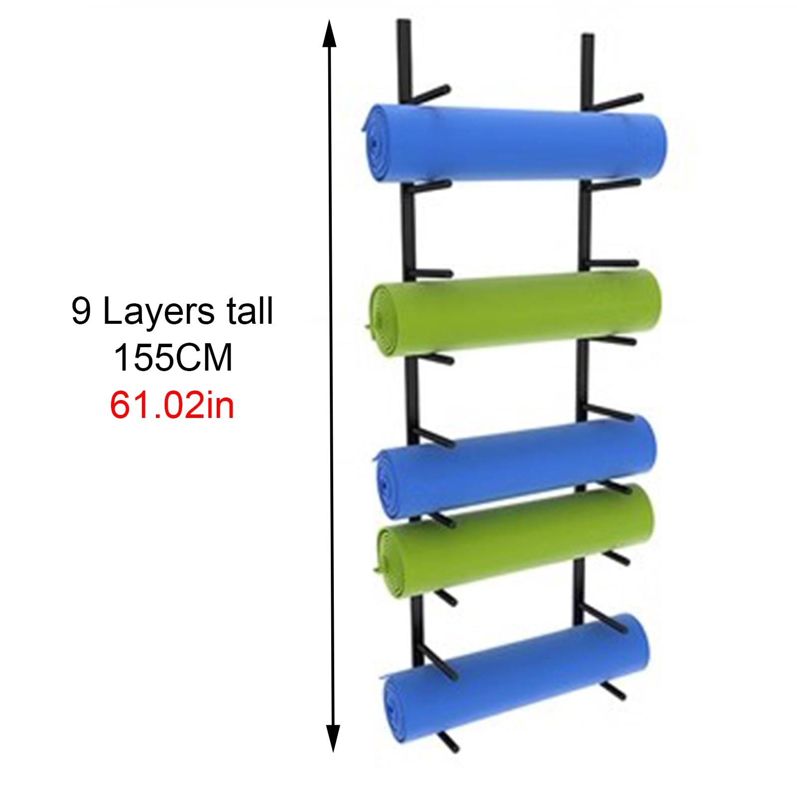 Soporte de Pared para esterillas de Yoga con Ganchos de 12 cm. Ahorra Espacio en gimnasios y Estudios de Yoga. Fácil instalación. Negro, 155 cm.