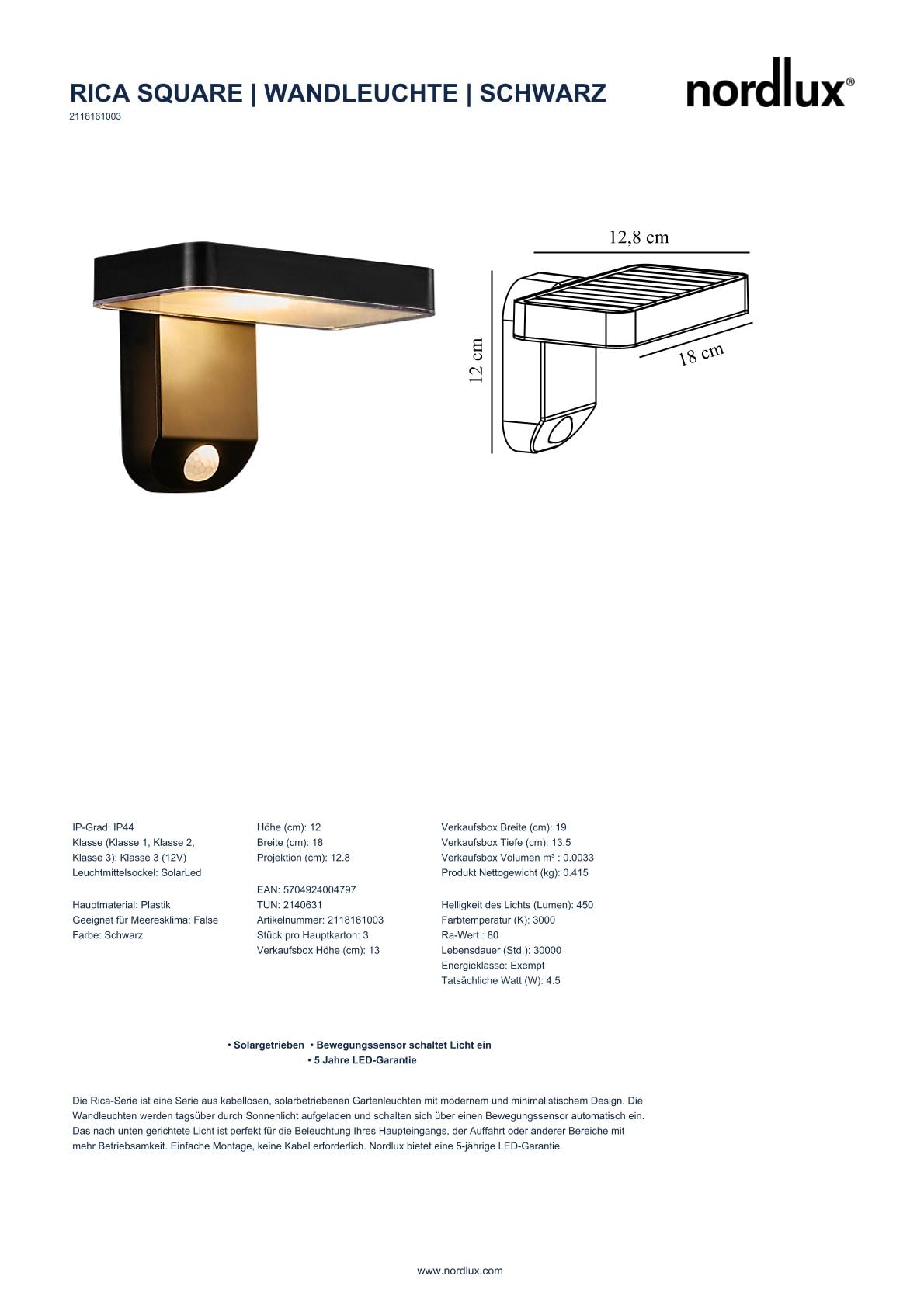 Nordlux RICA SQUARE SOLAR Wandleuchte im 2er-Set – Solarbetrieben mit Bewegungssensor, IP44 Outdoor, 3000K Warmweiß, 450 Lumen, Kabellos, Schwarz – Ideal für Eingang, Terrasse, Gartenwege
