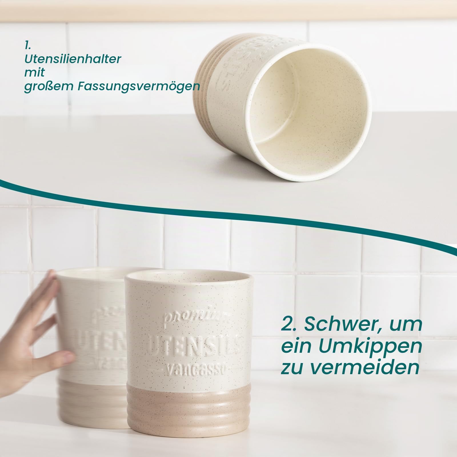 vancasso Sabine Utensilienhalter für Küchentheke, 15,7 cm, kleiner Keramik-Utensilienbehälter, cremefarben, Bauernhaus-Utensilien-Organizer für Heimdekoration