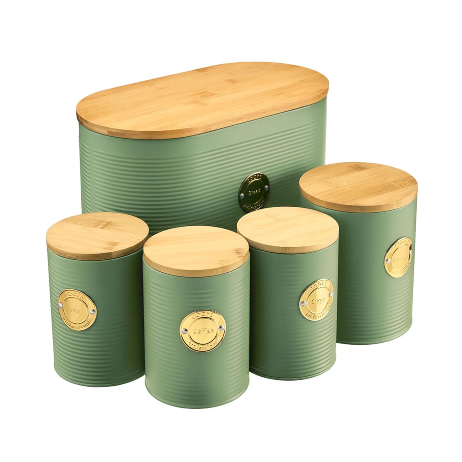 Cooks Professional Green & Gold 5 Piece Ribbed Tea Coffee Sugar Bread & Biscuit Cannisters With Air-Tight Bamboo Lids | Stainless Steel Kitchen Storage Bin Set | Modern & Stylish |