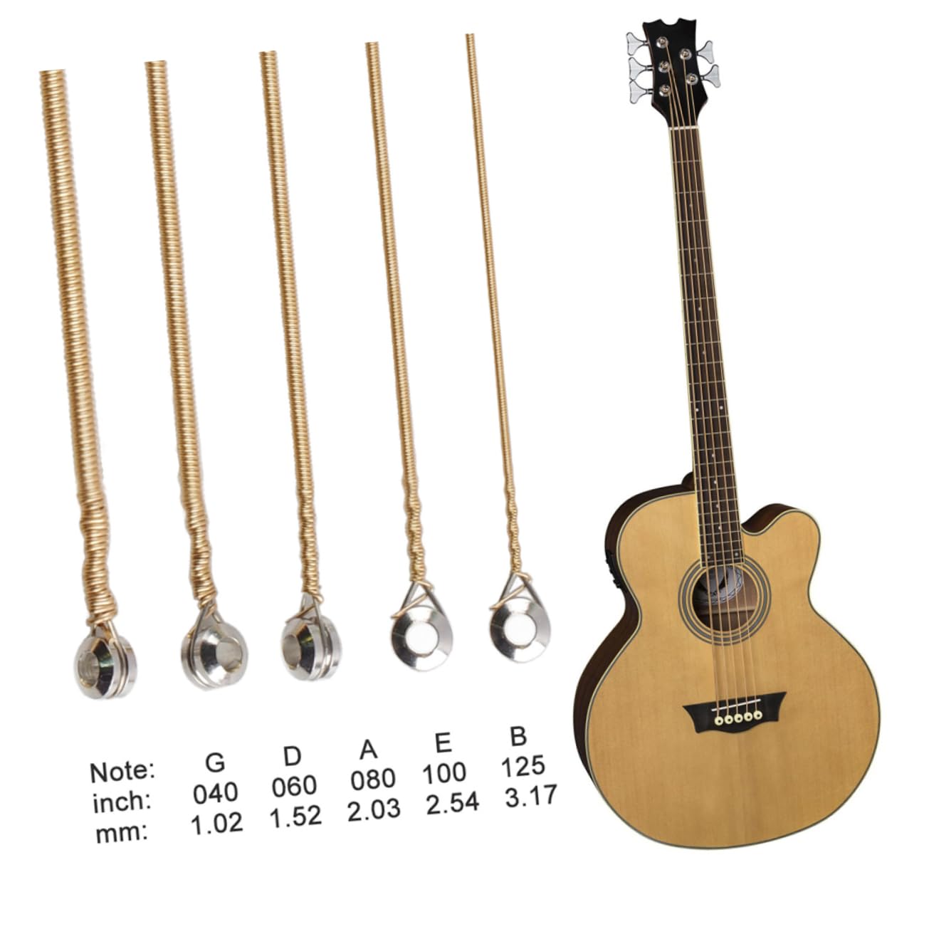 Set di Corde in Acciaio al Carbonio e Ottone 5 Corde per Basso Acustico Resistenti all'Usura Facile Installazione per Musicisti
